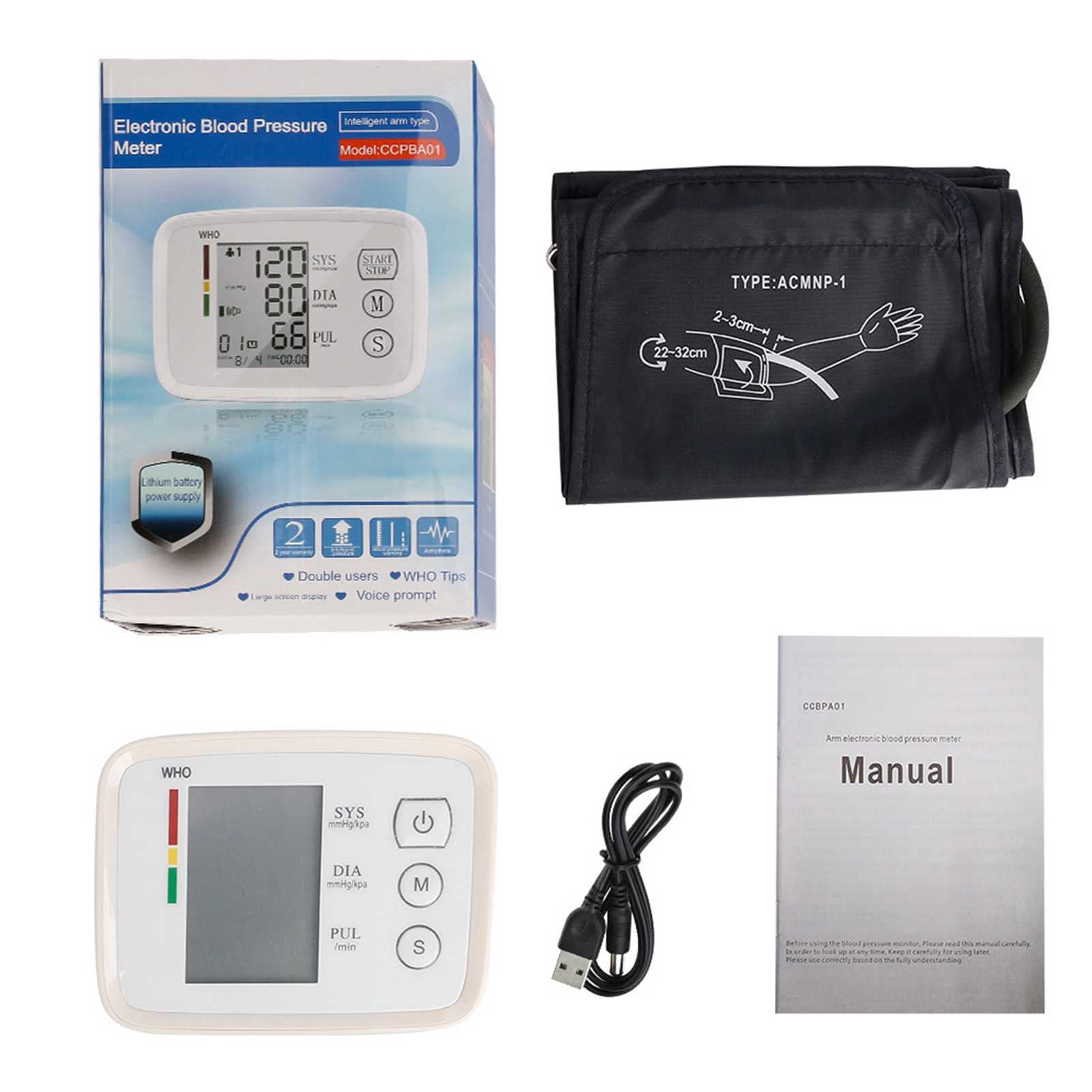 Esfigmomanómetro electrónico de Brazo, 90 Grupos de Datos de Memoria, Pantalla Grande LCD de Alta definición, transmisión en inglés, Monitor de presión Arterial doméstico Multifuncional
