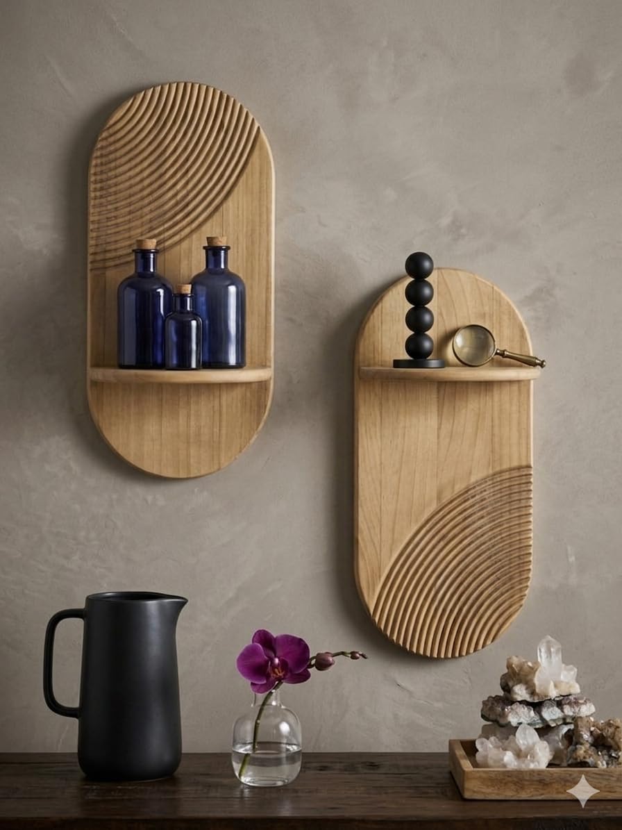 Oval Wood Wall Shelf with Carved Ridged Pattern, Natural, Boho Scandi Style, Floating Display Shelf Set of 2 for Home Decor-image-47