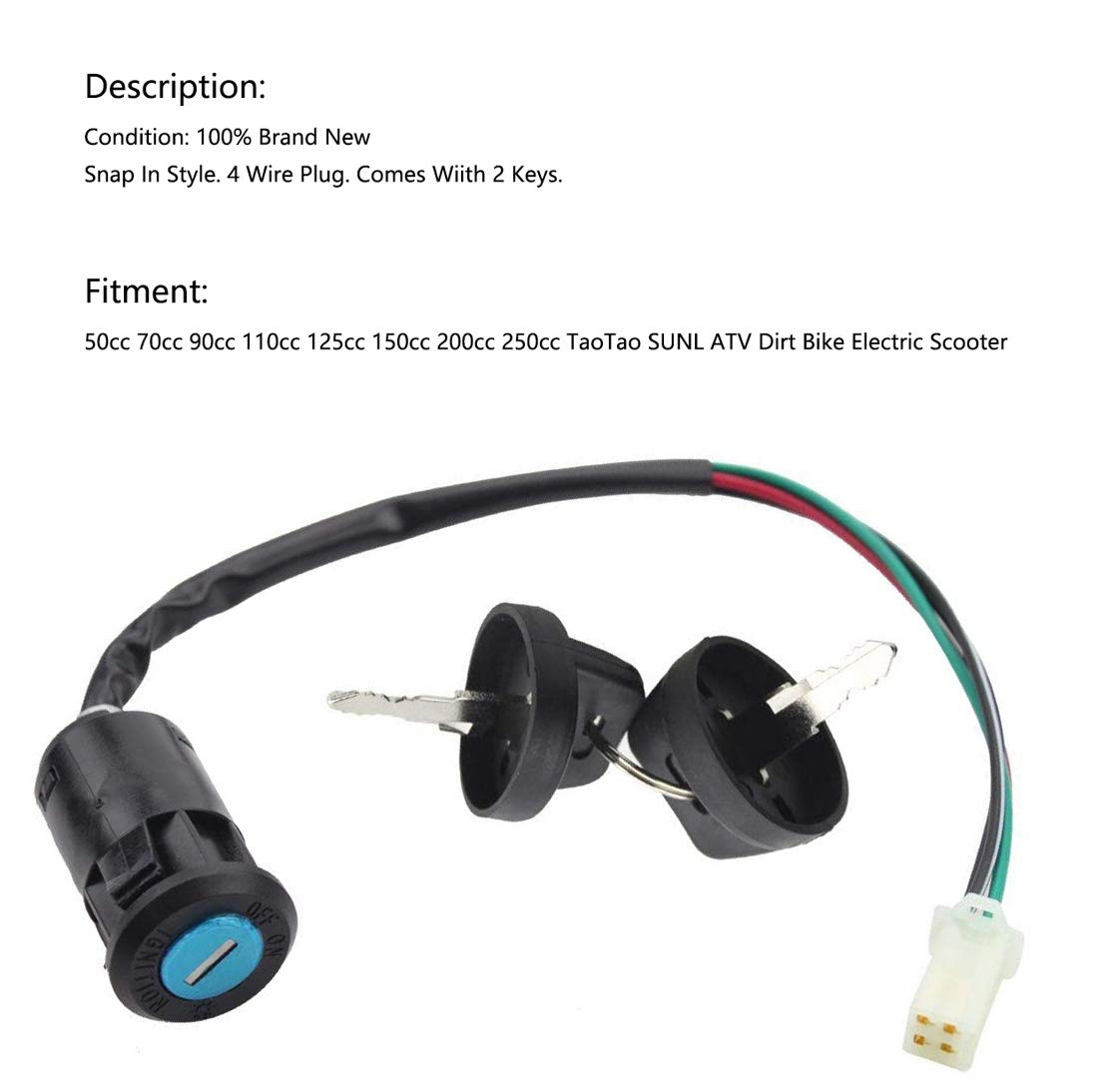 4 Wires Ignition Switch Key with Cap+3 Function Left Starter Switch Assembly for 50cc 70 cc 90cc 110 cc 125cc 150cc TaoTao SUNL Chinese ATV Quad 4 Wheeler 125cc Apollo Dirt Bike Scooter Parts : Automotive
