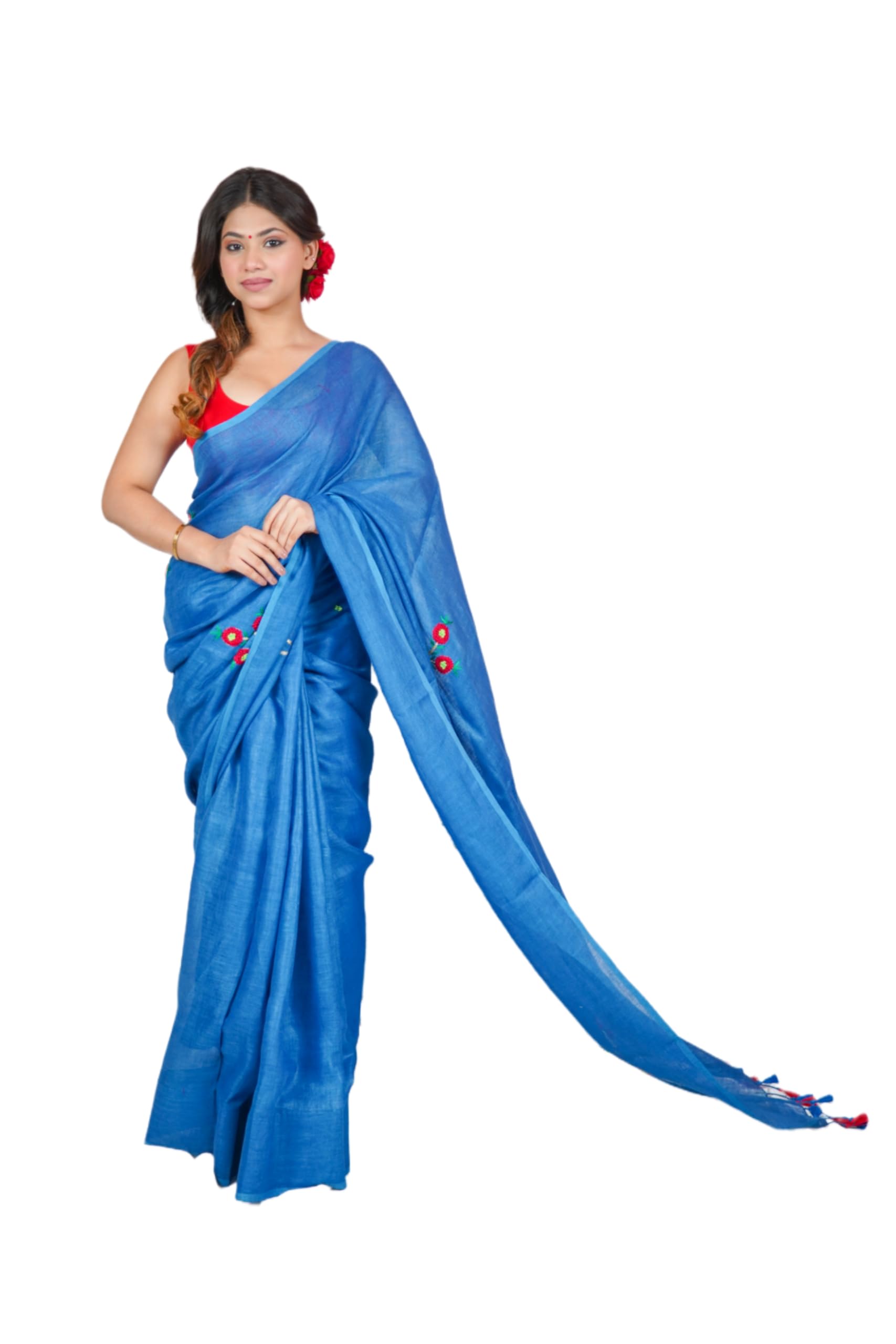 THE RAKSHA STORE Floral Fantasy- Blue Linen Saree with floral hand embroidery. Trendy Wear, Elegant Wear, Designer Wear, Fall pico done.