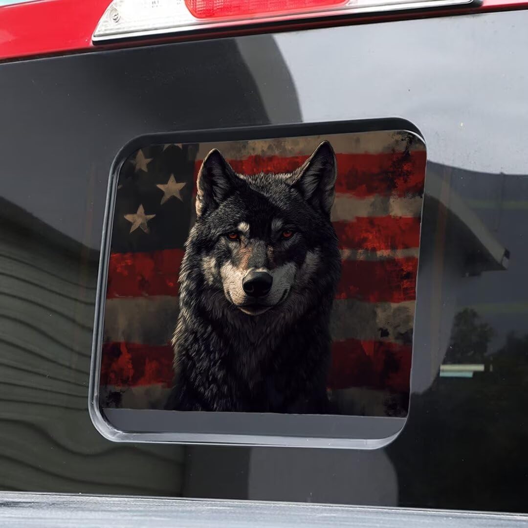 Vinilo perforado para ventana de camión, calcomanía de lobo y bandera de Estados Unidos