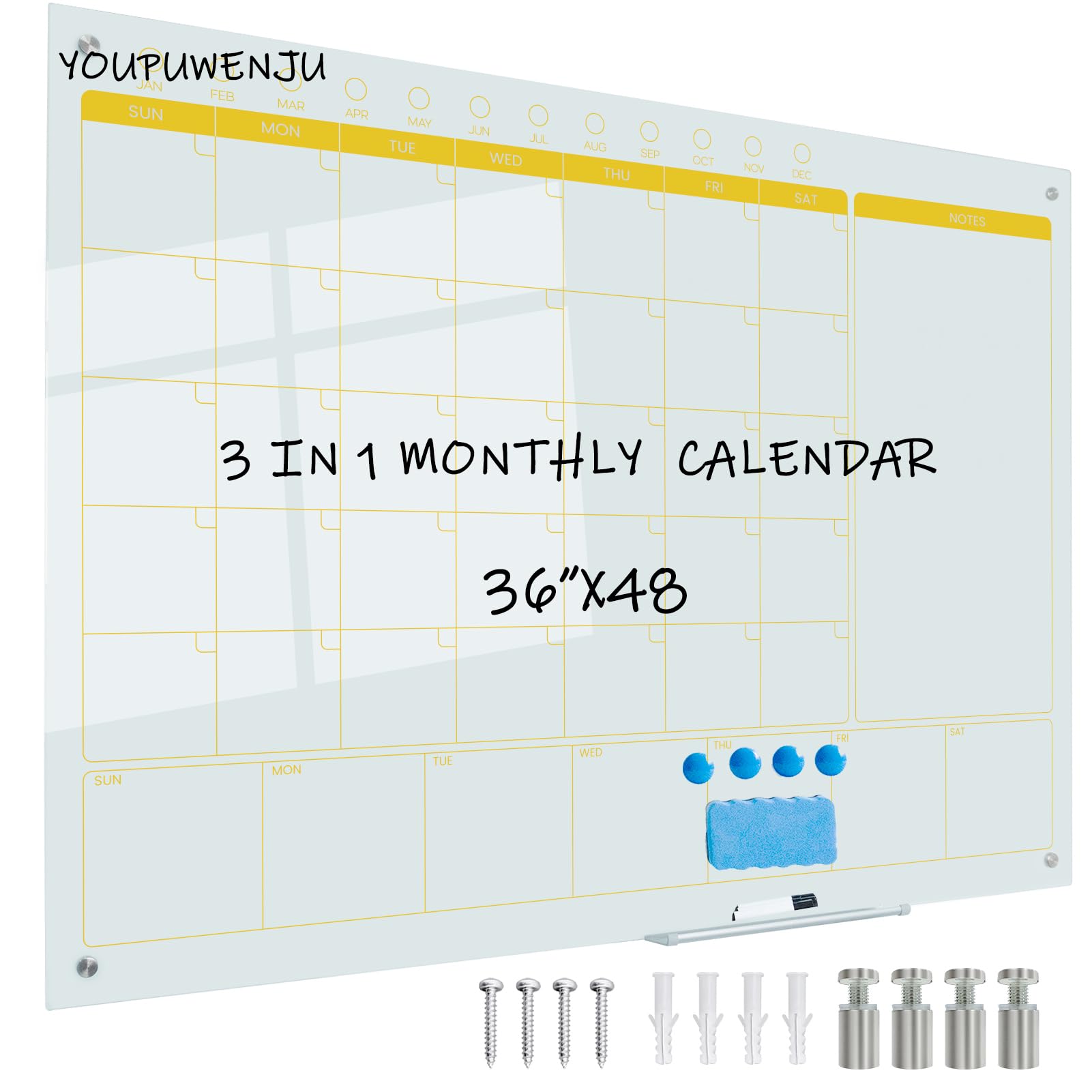 Magnetic Glass Planner Writeboard 36"X48" Monthly/Weekly 3 in 1 Calendar Premium Tempered Glass Dry Erase Boards Frameless Wall Mounted (White)