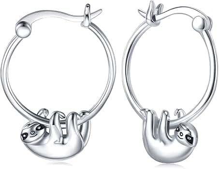 ナマケモノピアス 女の子用 925スターリングシルバー ナマケモノ Hugie スモールフープピアス ジュエリー 低刺激性 動物のピアス 敏感な耳用 スターリングシ