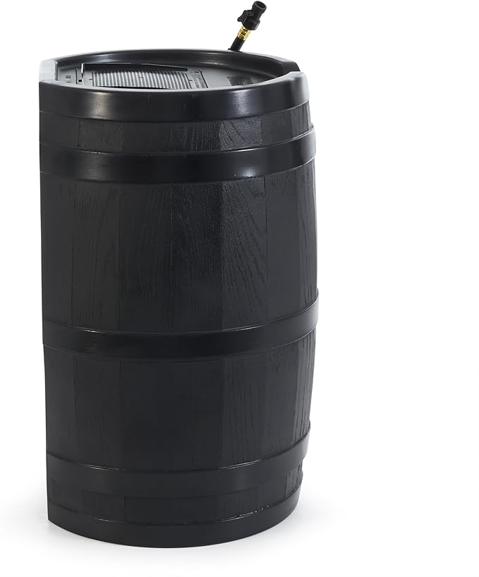 The FCMP Outdoor RC45-BLK Rain Barrel is a 45-gallon water rain catcher barrel designed for collecting and storing rainwater to use for watering outdoor plants, gardens, and landscapes. It features a flat back design that allows it to sit flush against the side of a building or house, saving space in your outdoor area.