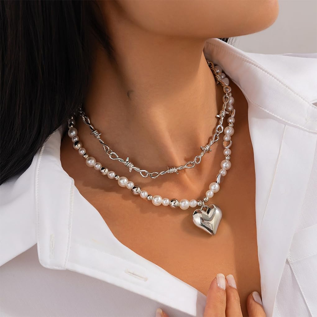 Heart Layered Necklaces for Women,Gold Puffy Heart Pendant Stack Necklaces Pearl Beaded Choker Necklace,Trendy Love Statement Necklace Jewelry Gifts