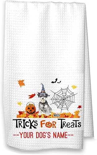 Trucos para golosinas Schnauzer - Toalla de cocina de Halloween, decoración de otoño Schnauzer (toalla blanca, Schnauzer con nombre)