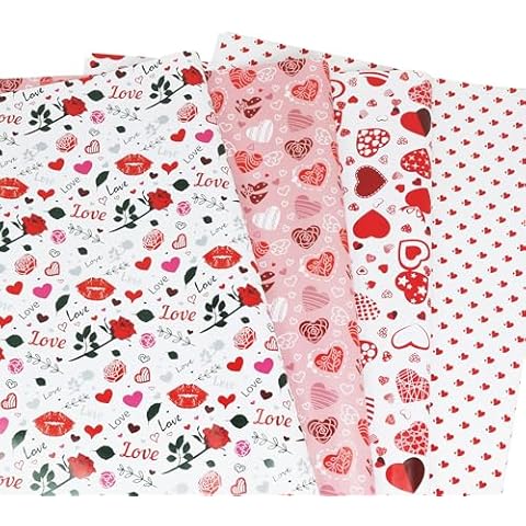 HIYAGON 8 Sheets Valentines Wrapping Paper 4 Design Love Heart Wrapping Paper Red Pink White Patterned Art Paper for Wedding Anniversary Birthday Gift Wrap,19.7 x 27.6 Inch (Valentines Hearts) Cover