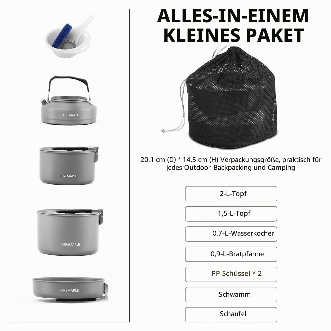 Fire-Maple Feast 4 Camping-Kochgeschirr-Set Outdoor-Kochset mit Topf, Wasserkocher, Pfanne, Schalen und Spatel für 4 bis 5 Personen beim Backpacking, Trekking, Wandern, Angeln und Picknick Schwarz