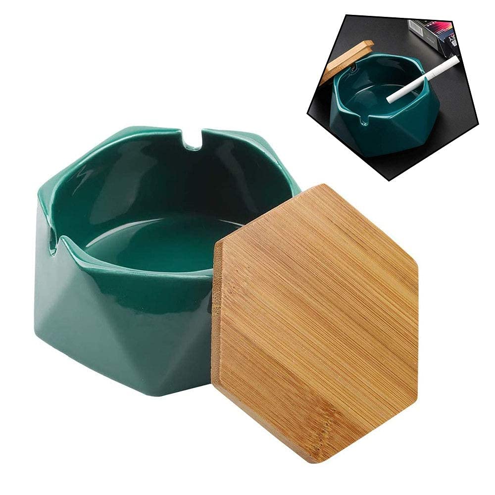Geometric Ceramic Ashtray, Windproof Ashtray with Wood Lid, Cigarette Ashtray for Indoor or Outdoor Use, Easy to Clean Desktop Smoking Ashtray Decor for Home Office Living Room