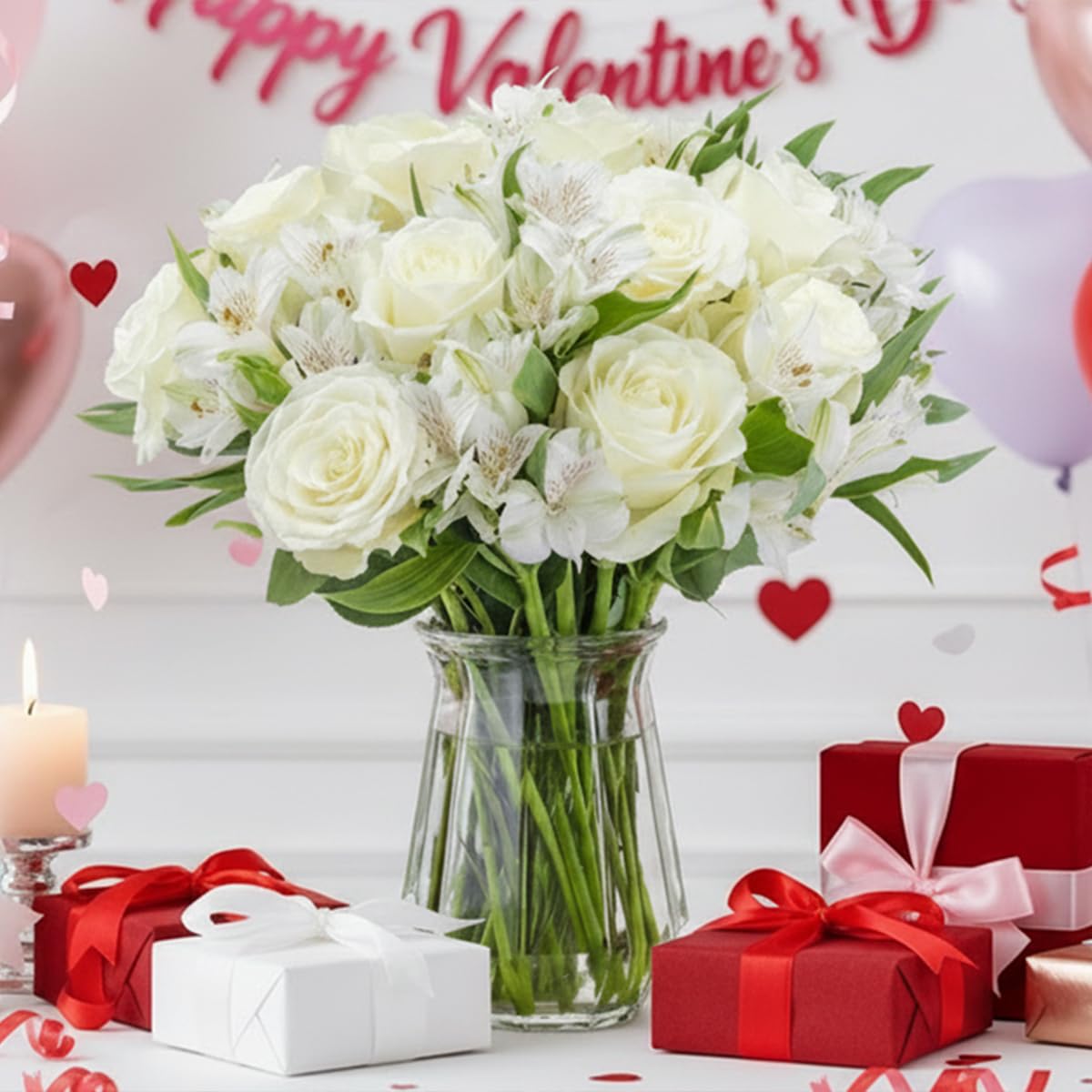 Benchmark Bouquets - White Roses and Alstroemeria - Fresh Flowers for Delivery - Fresh Cut Flower Bouquet - Real Roses in a Vase - Sympathy Gifts - Sympathy Flowers for Delivery (Glass Vase Included): White/White