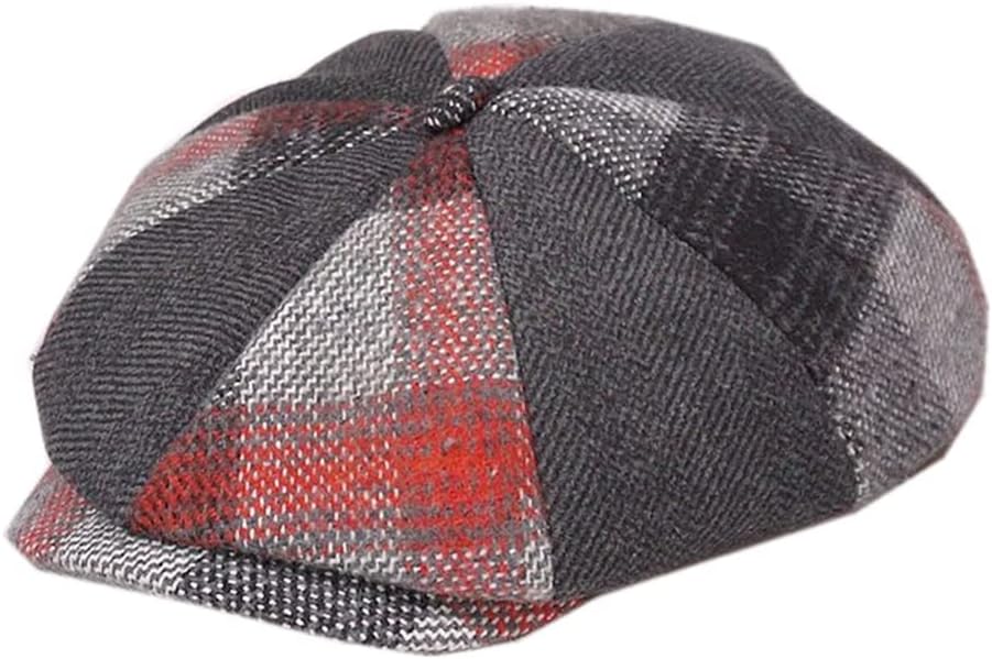 VIDI Newsboy Hat Wool Men and Women Octagonal Tweed Panel Plaid Retro Flat Beret