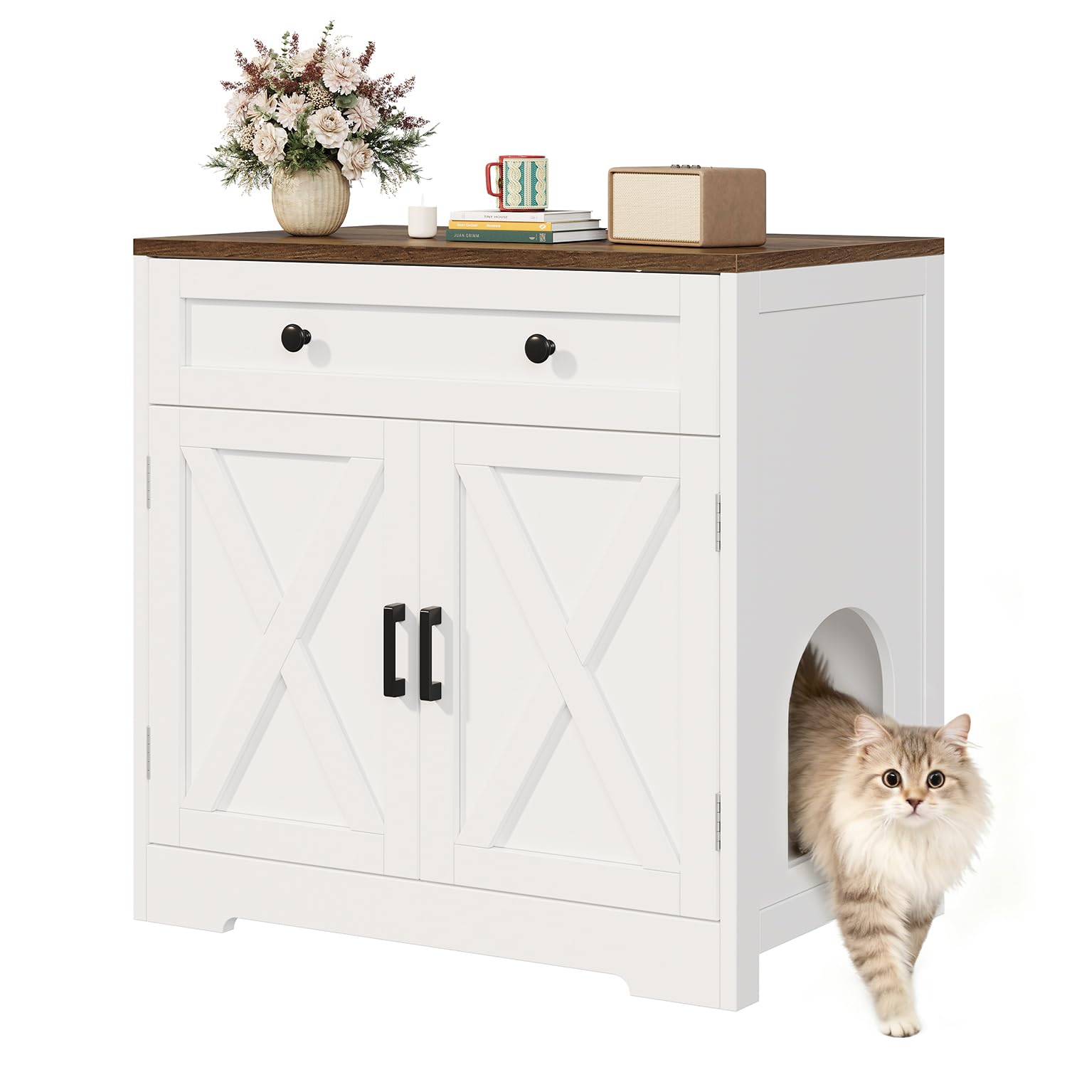 Cat Litter Box Enclosure with Storage Drawers, Hidden Litter Box Wooden Furniture, Modern Farmhouse Indoor Cat House and Multi Functional Side Table, White