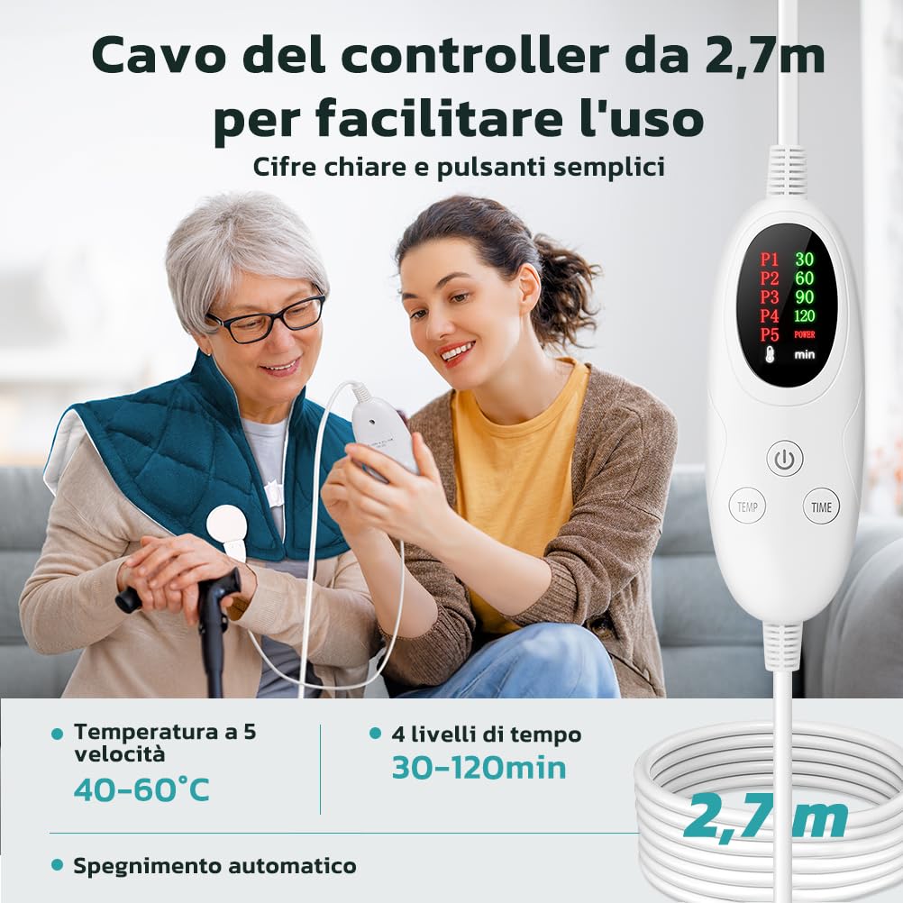 Termoforo Cervicale e Spalle, Riscaldamento Rapido, 5 Regolazioni della Temperatura, Lavabile in Lavatrice, Spegnimento Automatico