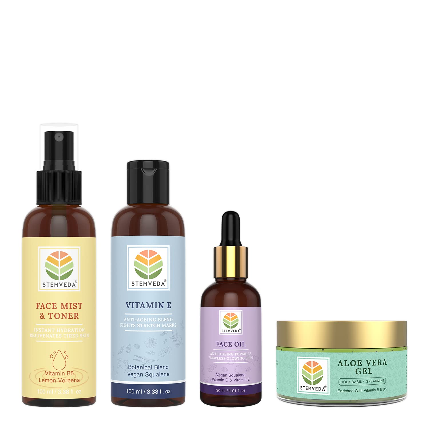 STEMVEDA Refreshing Facial Night Repair Kit (Combo Pack of 4) | Contents: Face Mist and Toner 100ml, Botanical Vitamin E Serum 100ml, Face Oil 30ml, Aloe Vera Gel 110g
