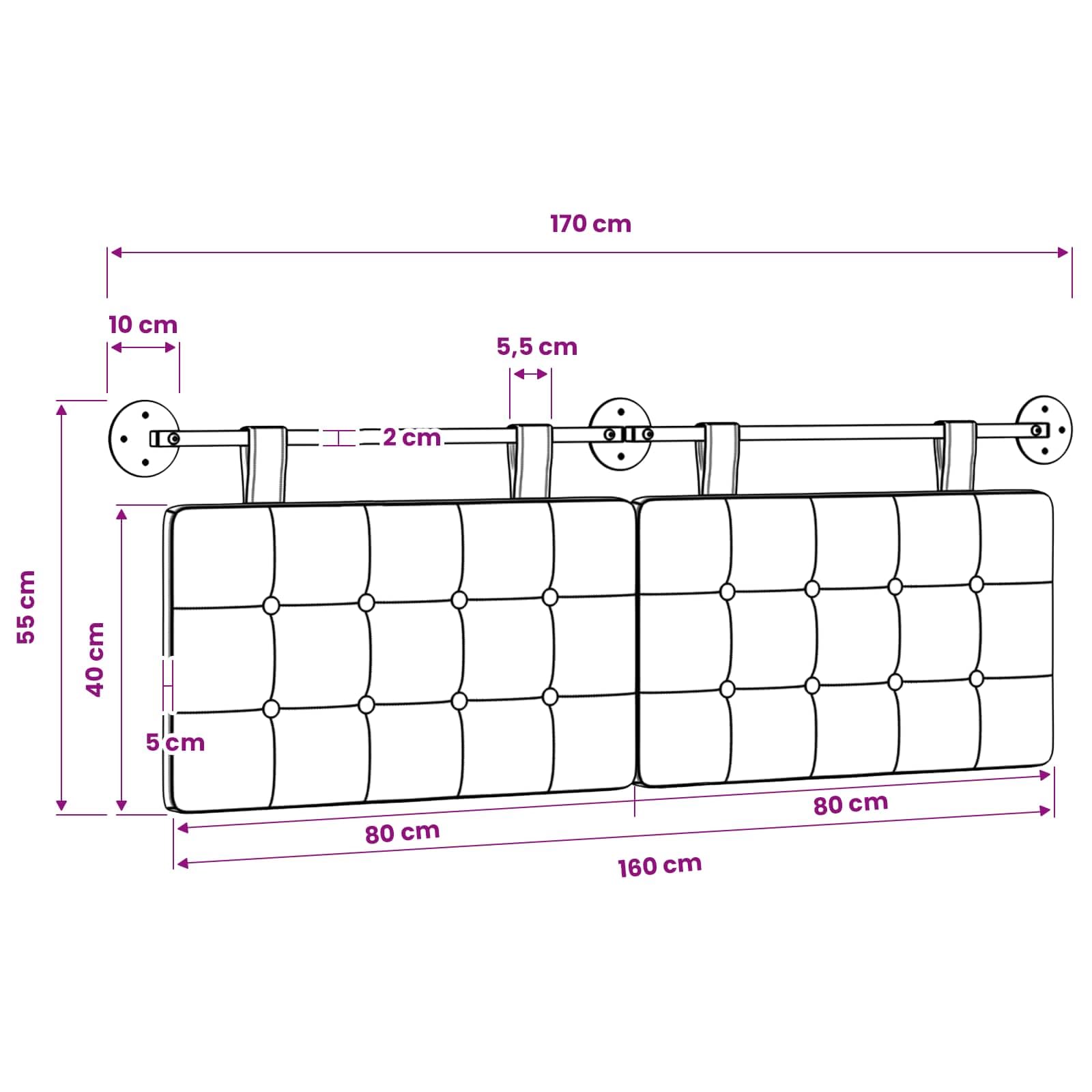 Cabecero colgante de tela con acolchado suave 170 x 55 x 5 cm, montaje en pared, juego con accesorios, cabecero de cama moderno para dormitorio y habitación de invitados