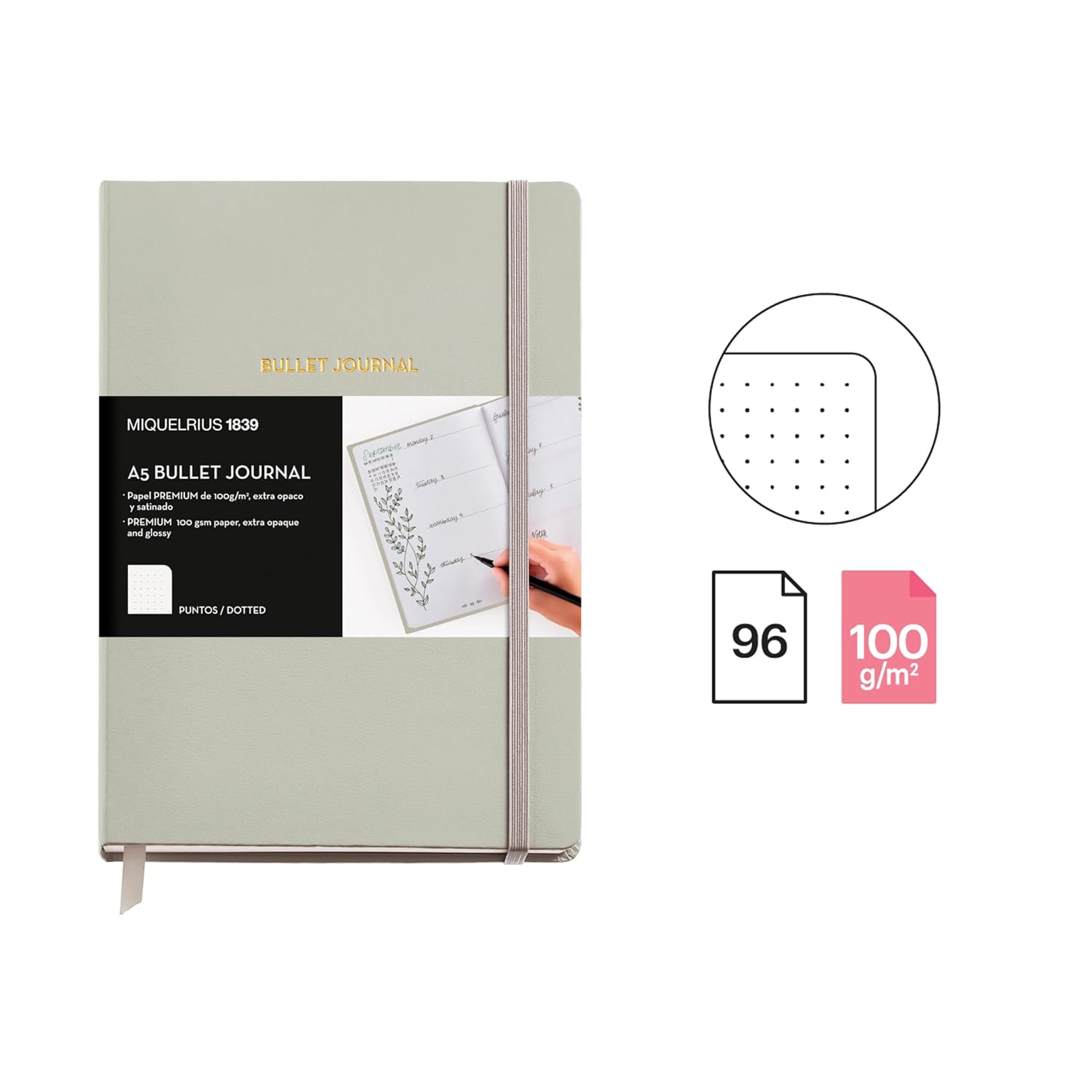 Miquelrius Bullet Journal Notebook - Hardback Faux Leather Cover with Elastic Closure, A5 Size 148 x 210 mm, 96 Sheets 100 g/m², Polka Dot Grid Interior