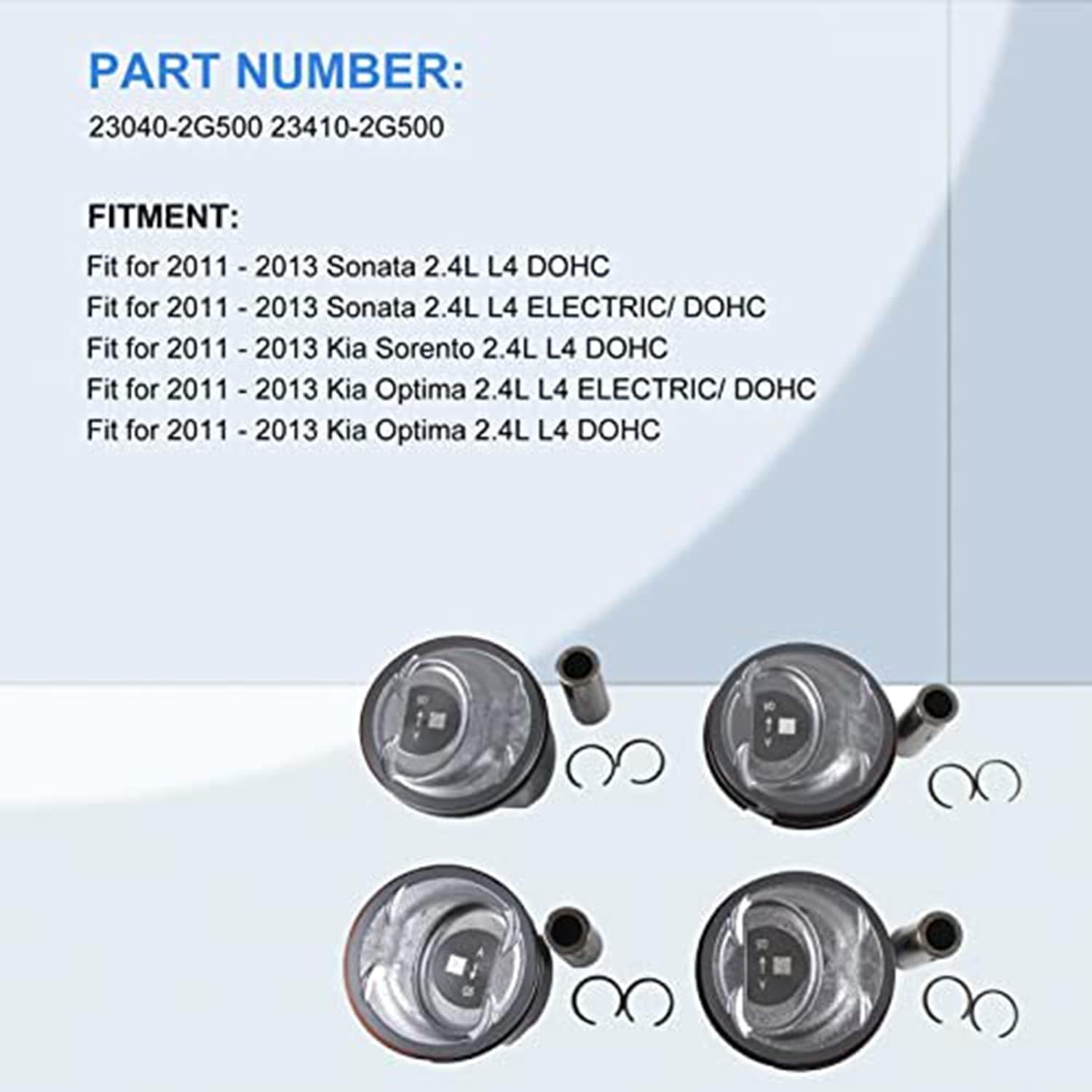 Piston & Connecting Rod Kit 23040-2G500 23410-2G500 23510-2G540 Fits for 2011-2013 Hyundai Sonata 2.4L, for Kia Sorento Optima 2.4L Engine Aftermarket Parts
