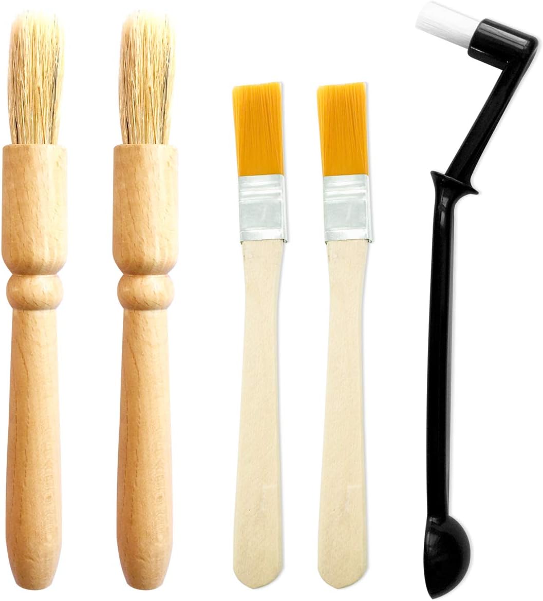 5 Pack Coffee Grinder Cleaning Brush, Heavy Wood Handle & Natural Bristles Wood Dusting Espresso Brush and Nylon Espresso Machine Brush with Spoon for Bean Grain Barista Pasta Makers Home Kitchen