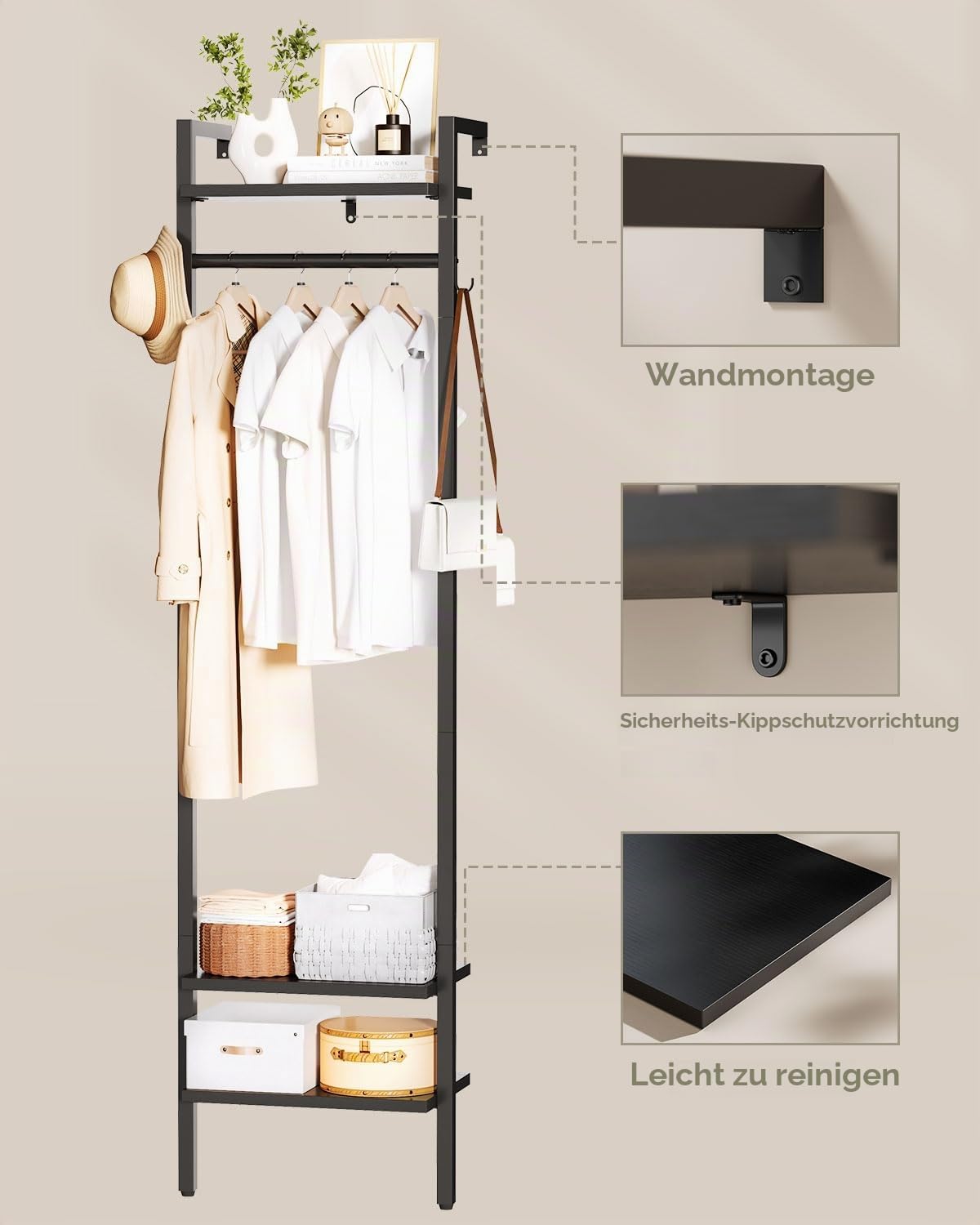 YMYNY Wandgarderoben mit Ablage, Garderobenständer, 180CM Kleiderständer, Freistehender hoher Schrankorganizer, Industrieller für Kleidung, Flur, Schlafzimmer, Schwarz HGR003B