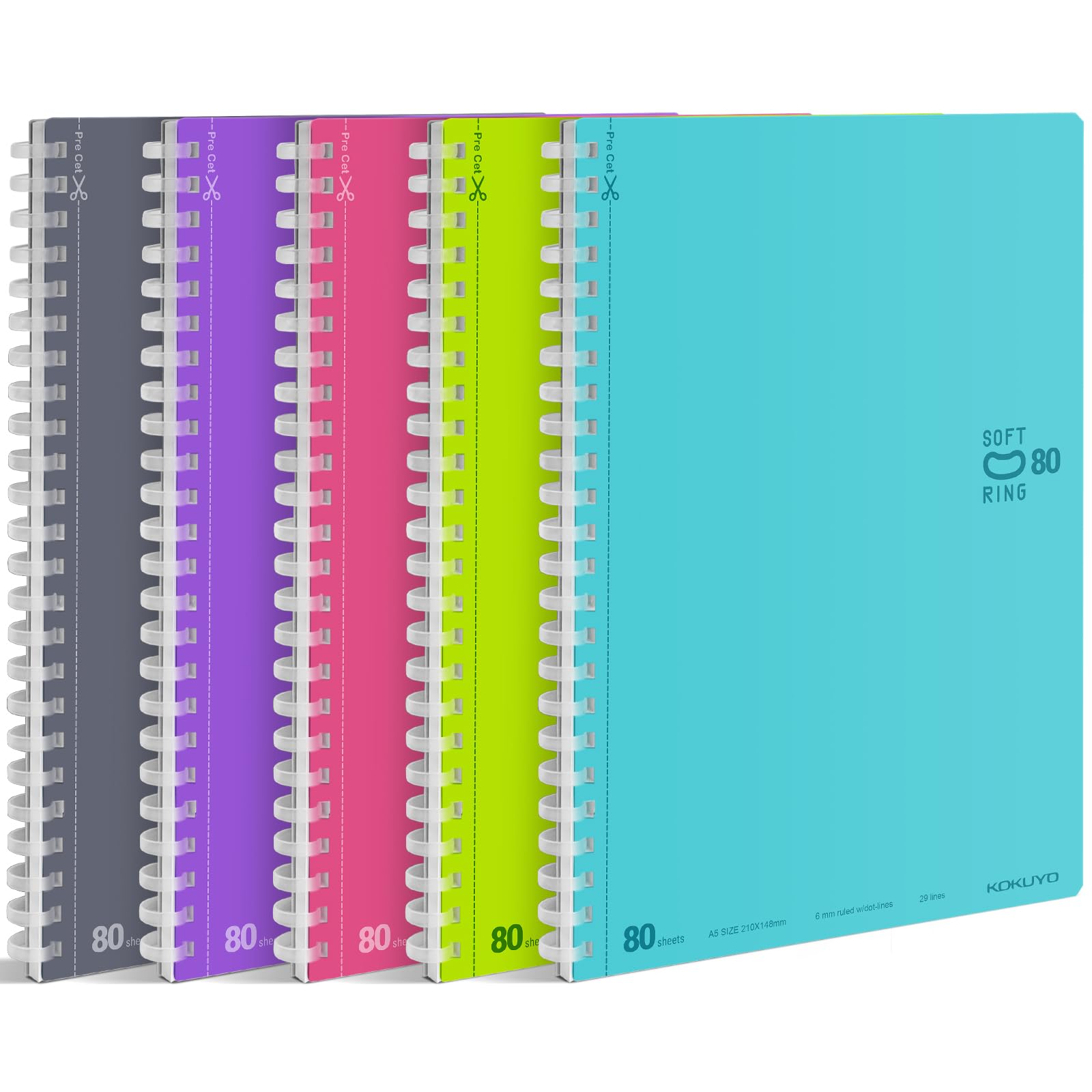 KOKUYO Spiralgebundenes liniertes Notizbuch, 5 Stück, 21,1 x 14,7 cm, Pastell-Tagebuch, A5, weiche Ringnotizbücher mit Punkten, 6 mm liniert, 80 Blatt, 1-Fach-Notizbuch, Notizen für die Schule