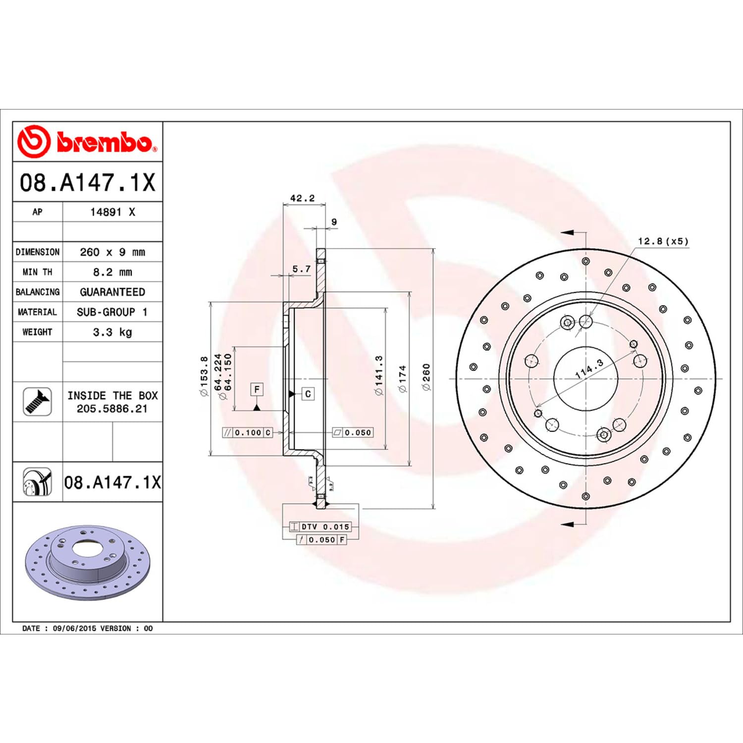 Brembo Xtra 08.A147.1X - Disco Freno Forato Posteriore, Set di 2