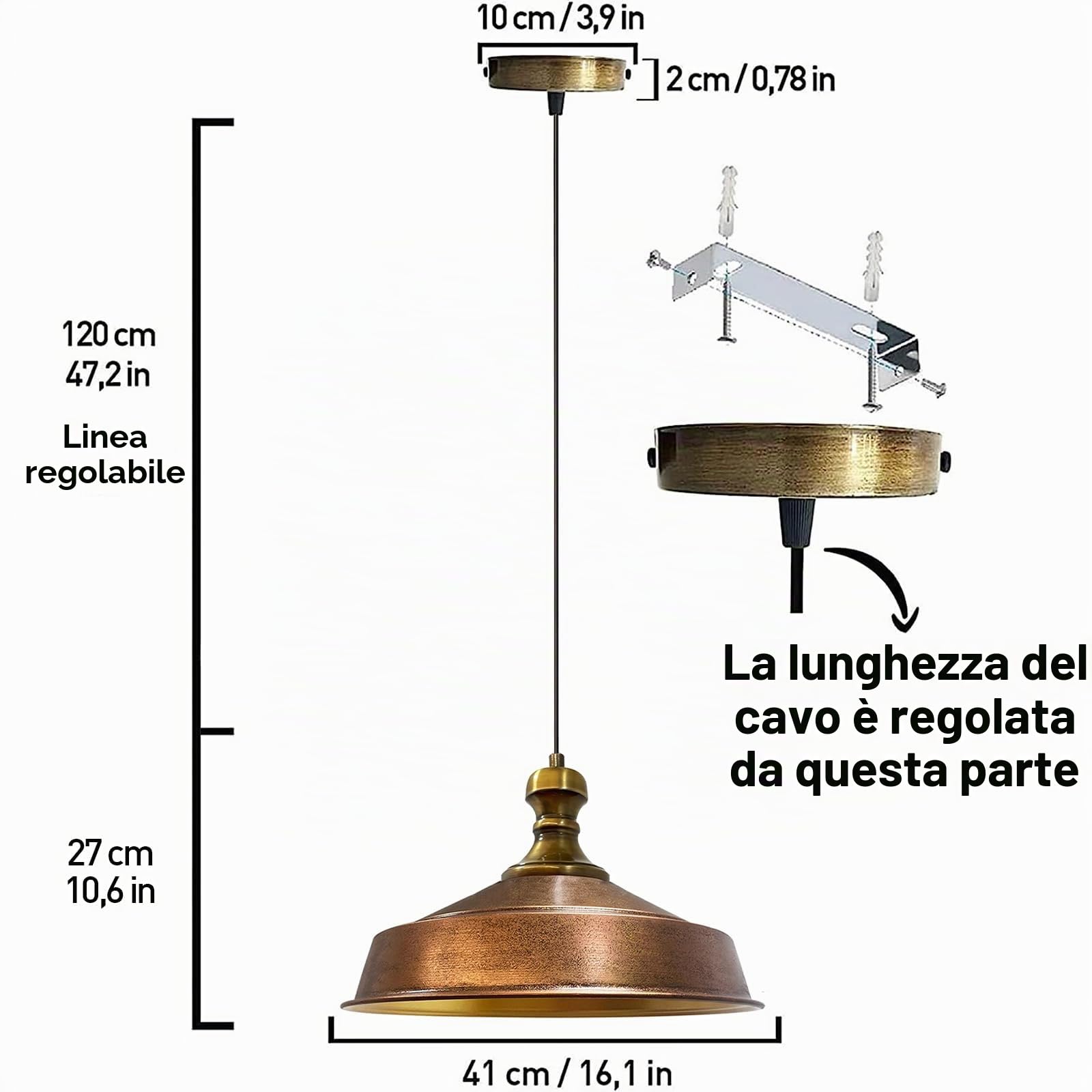 bamyum Asletl-Knob Lampada a Sospensione Industriale, Paralumi da 41 cm, Luci Moderne in Metallo per Isola da Cucina, Lampada a Sospensione E27 per Oggiorno e Sala da Pranzo, Colore Rame