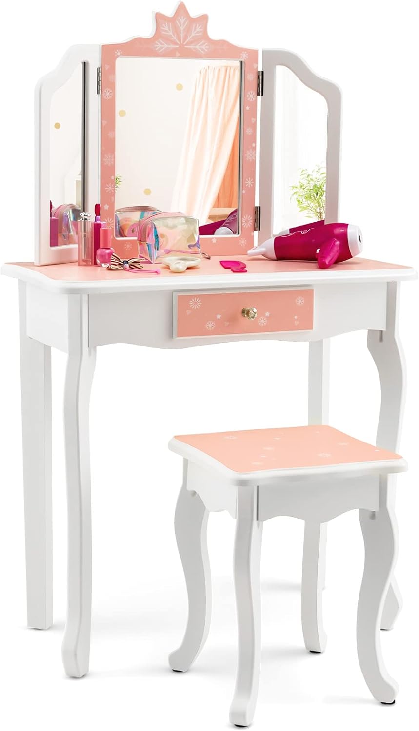 GYMAX Kids Vanity Table and Stool Set, Wooden Children Dressing Table