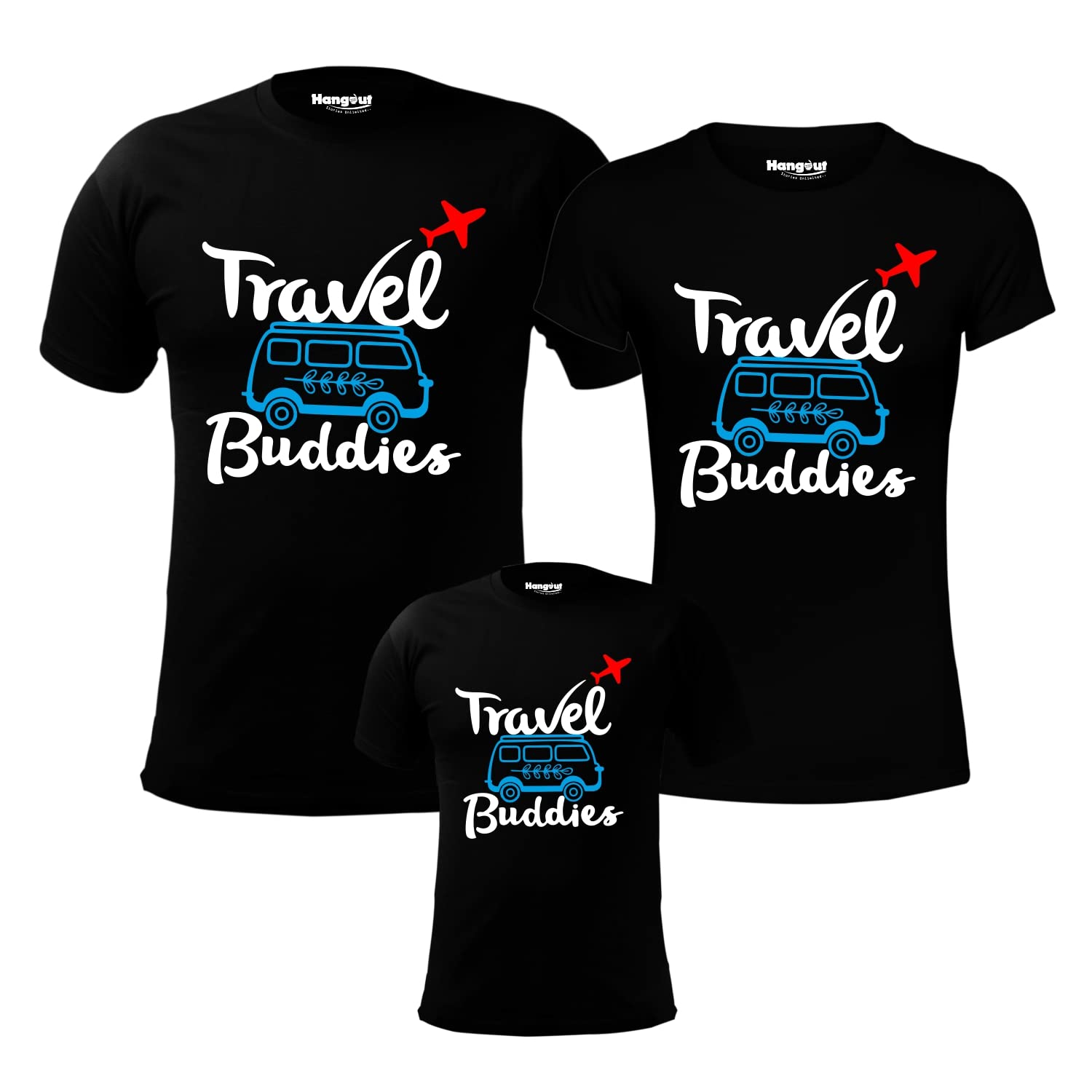 Hangout HubHH68 Family-Men's Women's & Boy's-Travel Buddies Black Color-Cotton Printed Regular Fit T-Shirts (Set of 3) Matching Twinning Tees