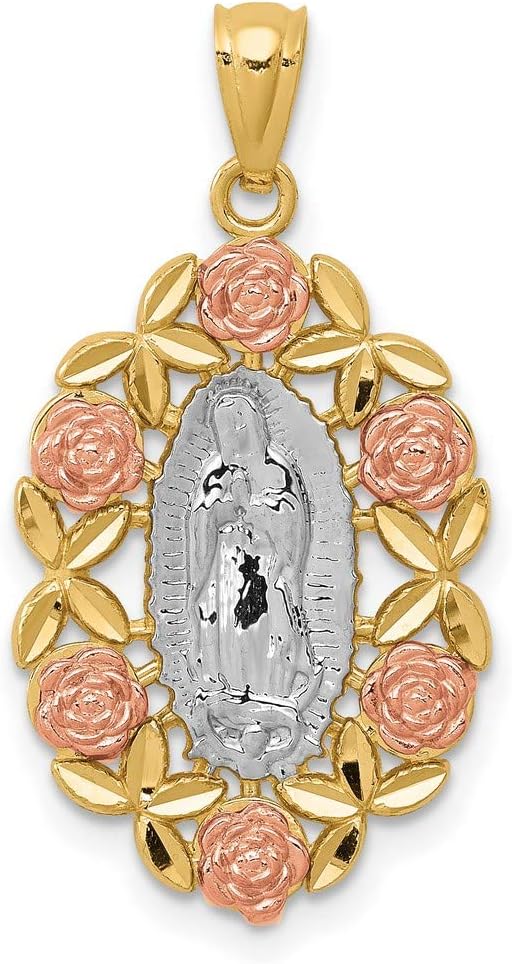Our Lady of Guadalupe Pendant with Rose Gold Flower Border in Real 14k Tri-Color Gold