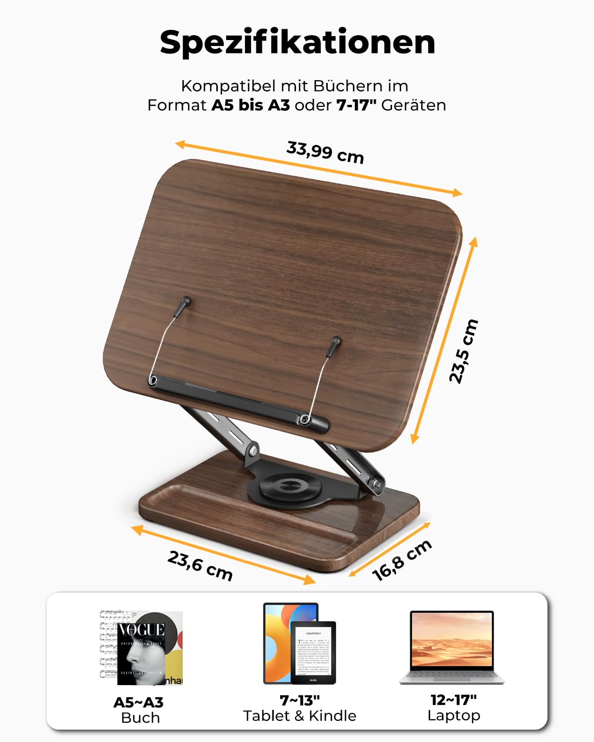SupeDesk Buchständer zum Lesen, Buchhalter mit 360° drehbarer hölzerner Basis & Stiftschlitz, verstellbarer Holz-Buchhalter Leseständer mit elastischem Kugel-Seitenclip für Zeitschrift,Tablet,Laptop