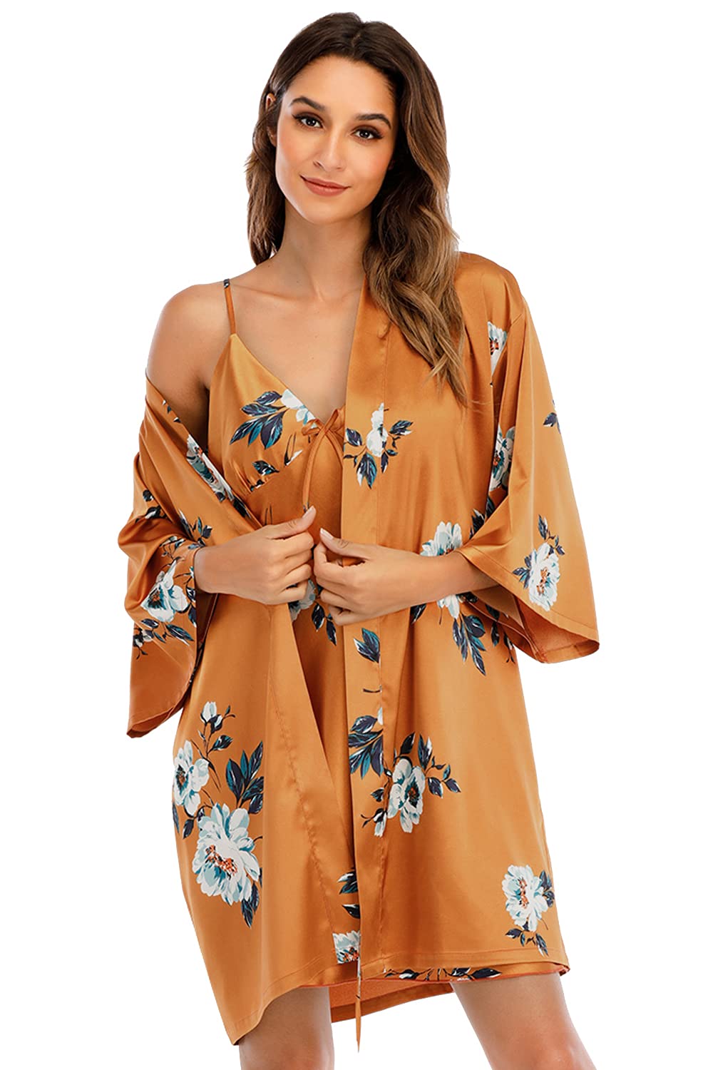 Women's Silk Satin Pajamas Sets 2Pcs Floral Silky Pj Robe Set with Chemise Nightgown