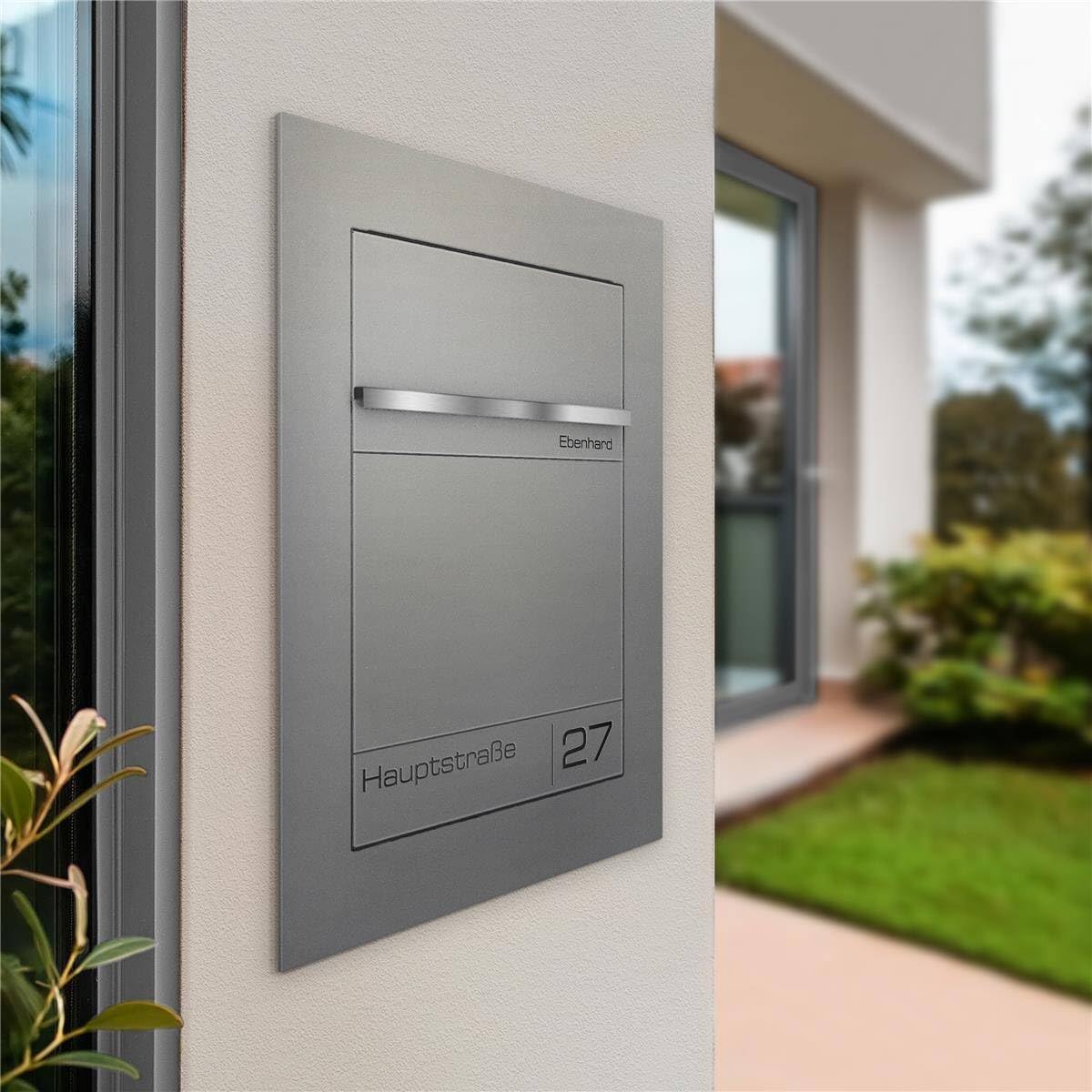 Metzler Cassetta postale da incasso grigio alluminio RAL 9007 – acciaio verniciato a polvere con targhetta nome in acciaio inox incisa – impermeabile, design a filo muro formato DIN A4