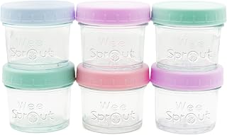 WeeSprout Baby Food Storage Glass Jars w/Lids (4 oz, 6 Pack) Pastel Variety, Snack, Reusable Small Containers, Fridge or Freezer, Microwave & Dishwasher Safe, Essentials for Infants