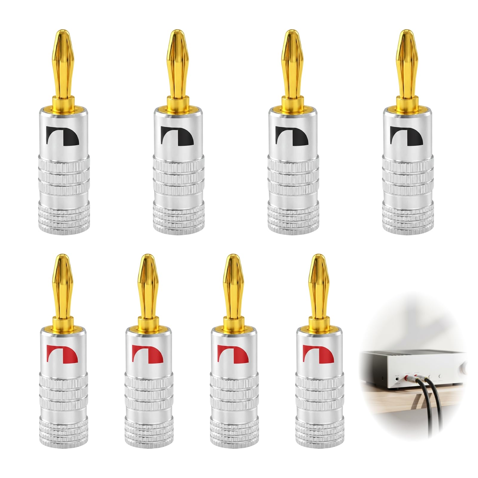 8PCS Fiche Banane 4mm pour Câble Enceinte, Fiche Banane Enceinte Connecteurs pour Enceintes Plaqués Or sans Soudure, Fiches Banane HiFi pour Haut-Parleur et Amplificateur, Banane Connecteur Audio