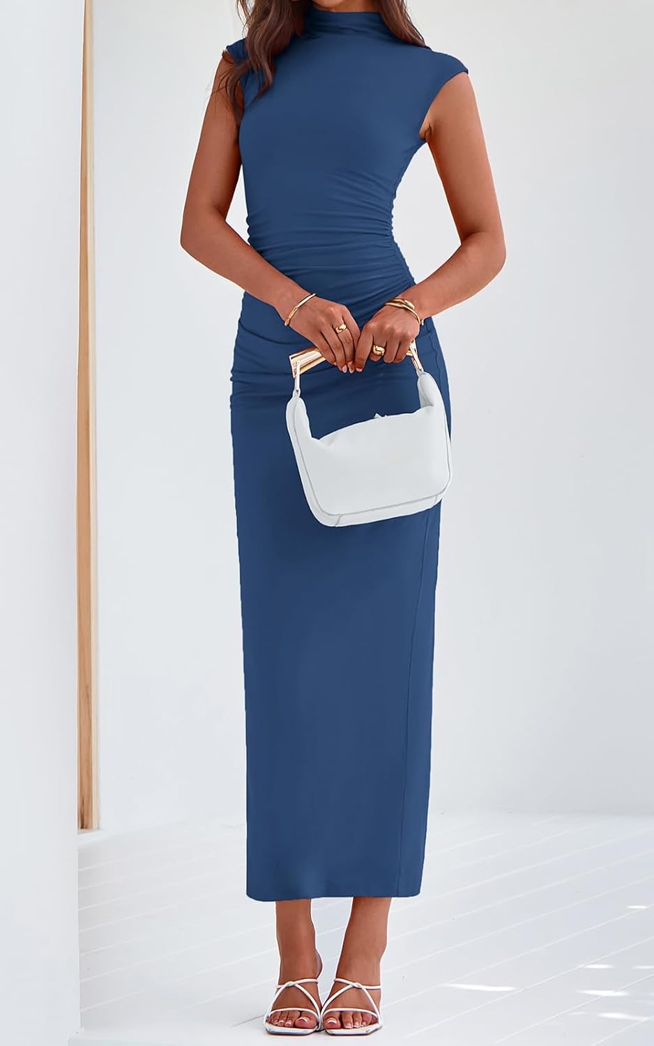 PRETTYGARDEN Women's Summer Maxi Dress Ruched Bodycon Sleeveless Formal Wedding Guest Elegant Cocktail Party Slit Dresses - Image 4