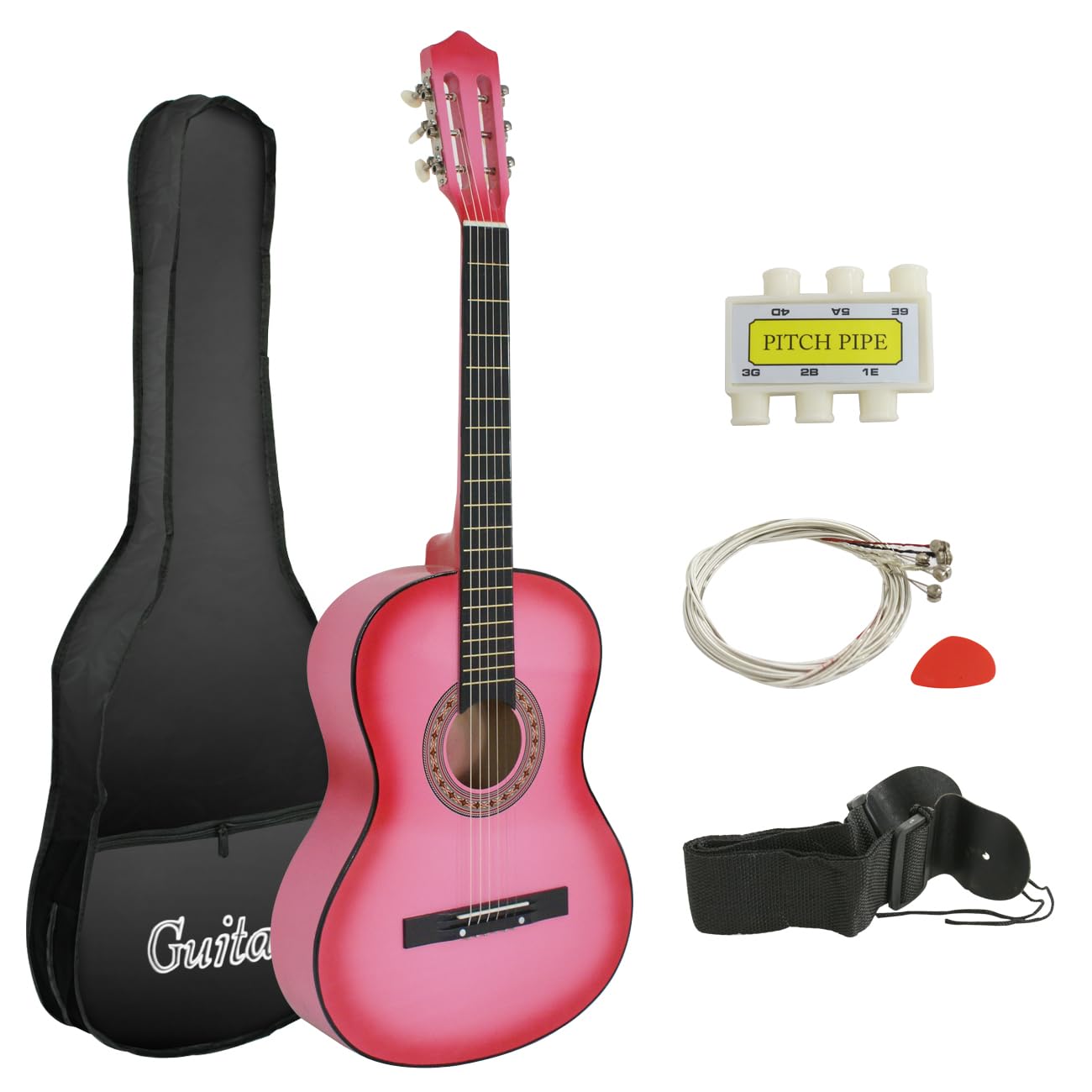 Smartxchoices 38" Kids Acoustic Guitar Bundle Kit for Starter Beginner Music Lovers, 6-String Folk Guitar with Gig Bag, Extra Set Steel Strings, Strap, Pitch Pipe and Pick, Pink