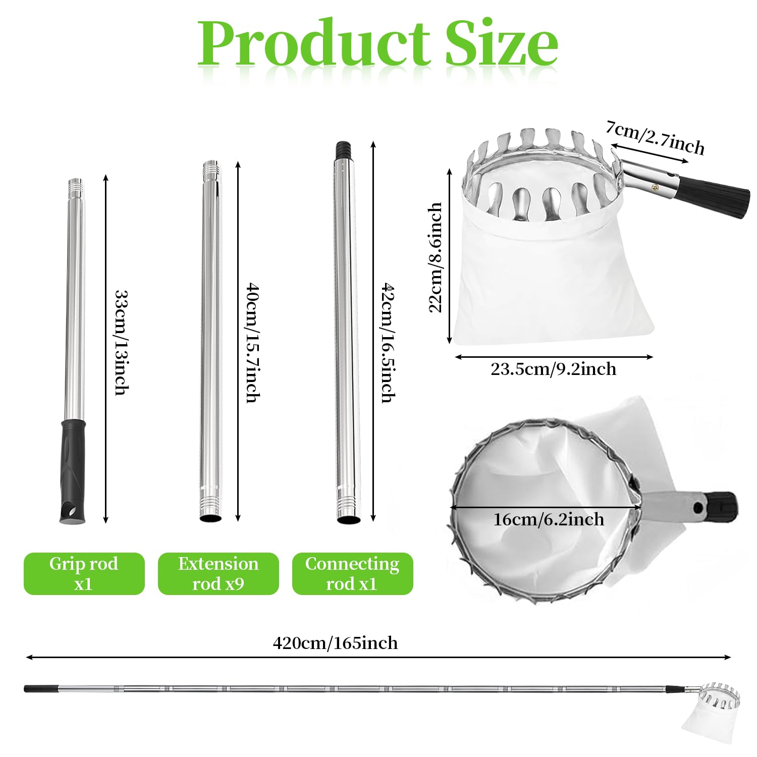 Recogedor de Frutas, 4.2M Recogedor de Frutas Telescopico,Inoxidable Ajustable Recogedor de Frutas Recoge Frutas de árboles con Bolsa de Algodón Engrosada para Manzana Cereza Higo Mango etc