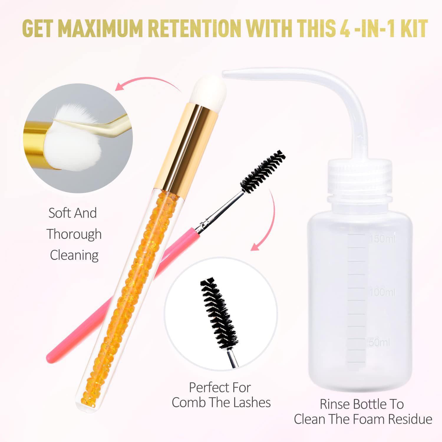 EMEDA 100ML Champú para pestañas con cepillo y botella de aclarado Kit champú espumante para pestañas extensiones Limpiador de Espuma de pestañas para uso en salón y en casa sin aceite