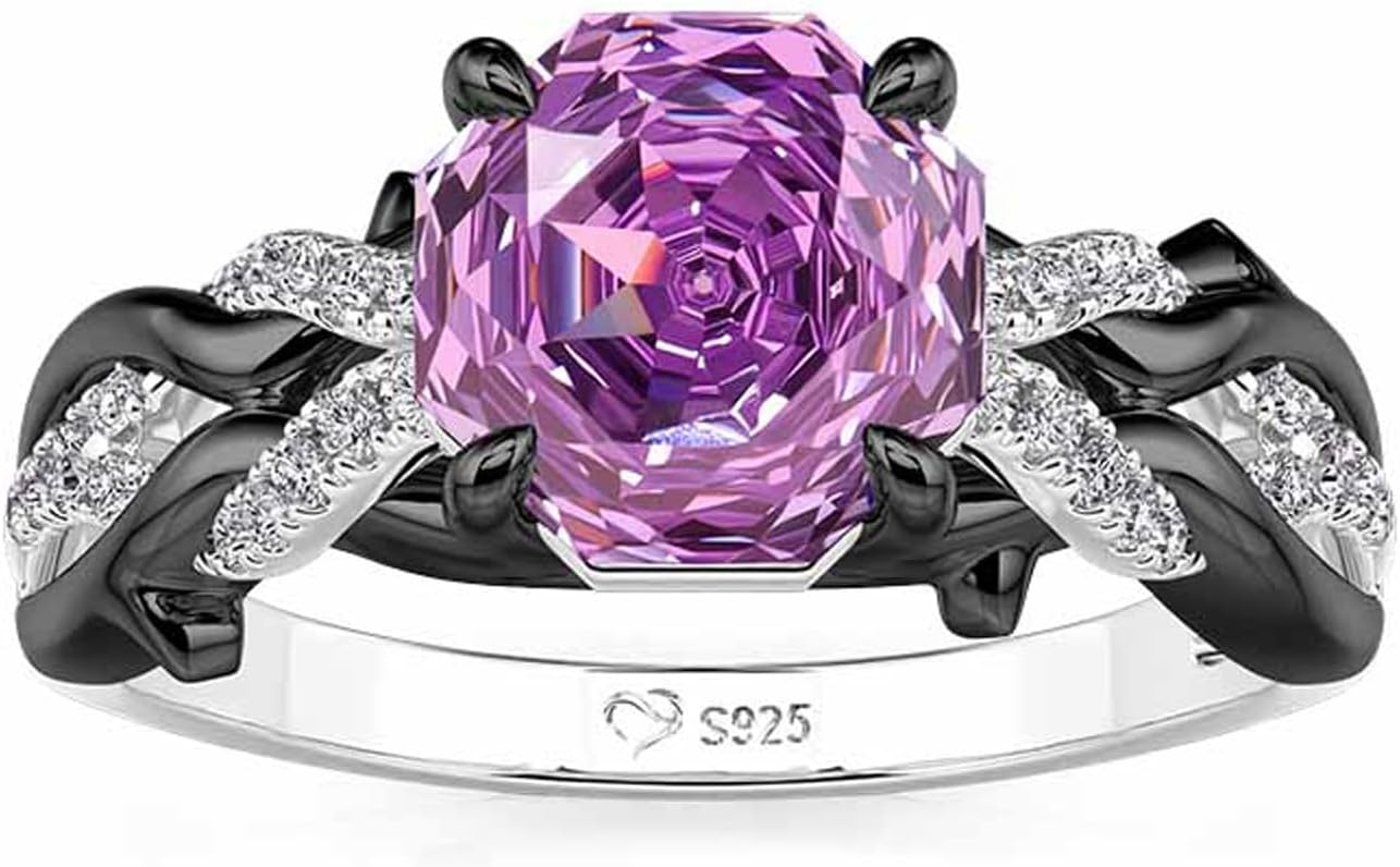 Jeulia Women's Three-Stone Purple Rose Ring, Sterling Silver Black Plated, Shakespeare Inspired Midsummer Night Love-in-idleness Ring, Romantic Gift for Her