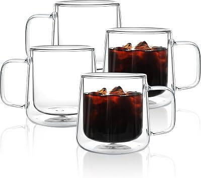 Aurzen 13oz Glass Coffee Mugs,Double Wall Insulated Glass Cups with Handle,Clear Espresso Mugs for Latte,Cappuccino,Tea Bag 4, 13oz