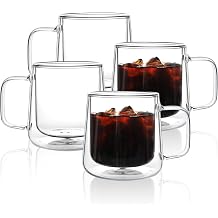 Aurzen 13oz Glass Coffee Mugs,Double Wall Insulated Glass Cups with Handle,Clear Espresso Mugs for Latte,Cappuccino,Tea Bag 4, 13oz