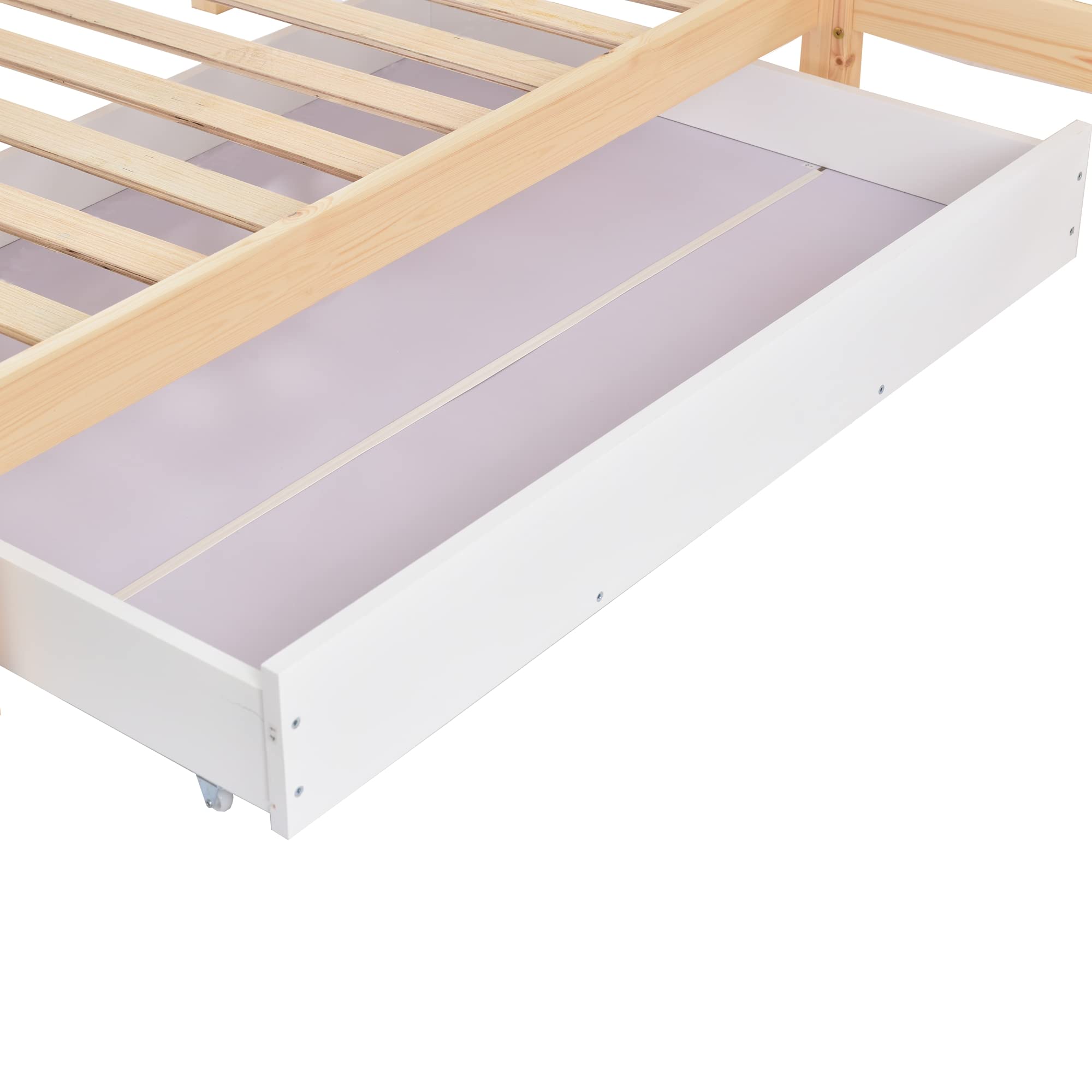 Merax Cama de casa con cajones y estantes, Cama Infantil de 90 x 200 cm y 140 x 70 cm, Madera Maciza con Valla y somier, Estructura en L, para 2 niños, Cama Doble, Color Natural