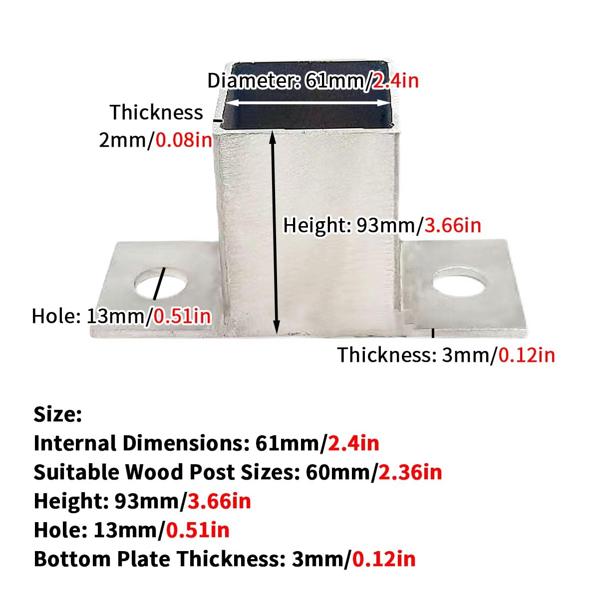 Generico Staffe di Base per Pali in Acciaio Inox zincato - Confezione da 4 per ringhiere di terrazze in Legno e Pali di recinzioni Metalliche, Ancoraggio a Tubo Quadrato (Diametro 2,4", Altezza 3,66"