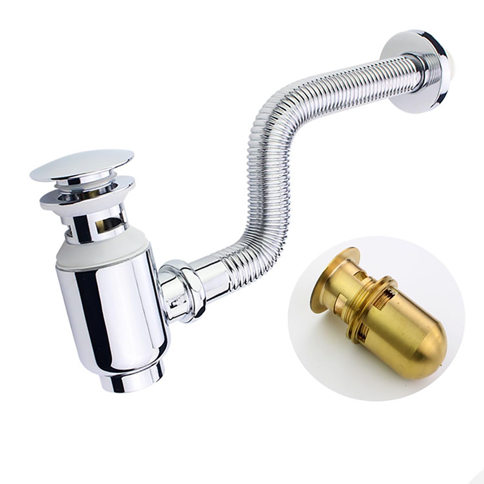 Siphon Waschbecken mit Überlauf,Pop Up Ablaufventil,Geruchsverschluss,Flexibel Ausziehbar Abflussrohr Waschbecken,Universal Abflussrohr 1 1/4"