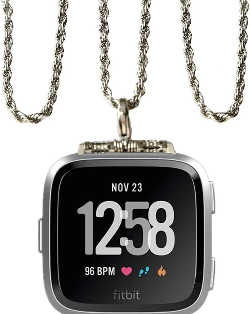 Stainless Steel Chain Necklace Smartwatch Band Compatible with Fitbit Versa 1/2/Lite Newest Polished Silver Metal Twisted Chain Strap Rope Neckband Replacement Accessory Wearable Technology Women Men