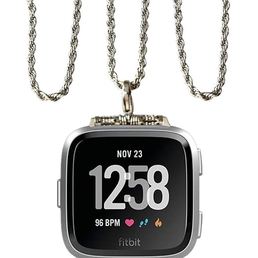 Stainless Steel Chain Necklace Smartwatch Band Compatible with Fitbit Versa 1/2/Lite Newest Polished Silver Metal Twisted Chain Strap Rope Neckband Replacement Accessory Wearable Technology Women Men