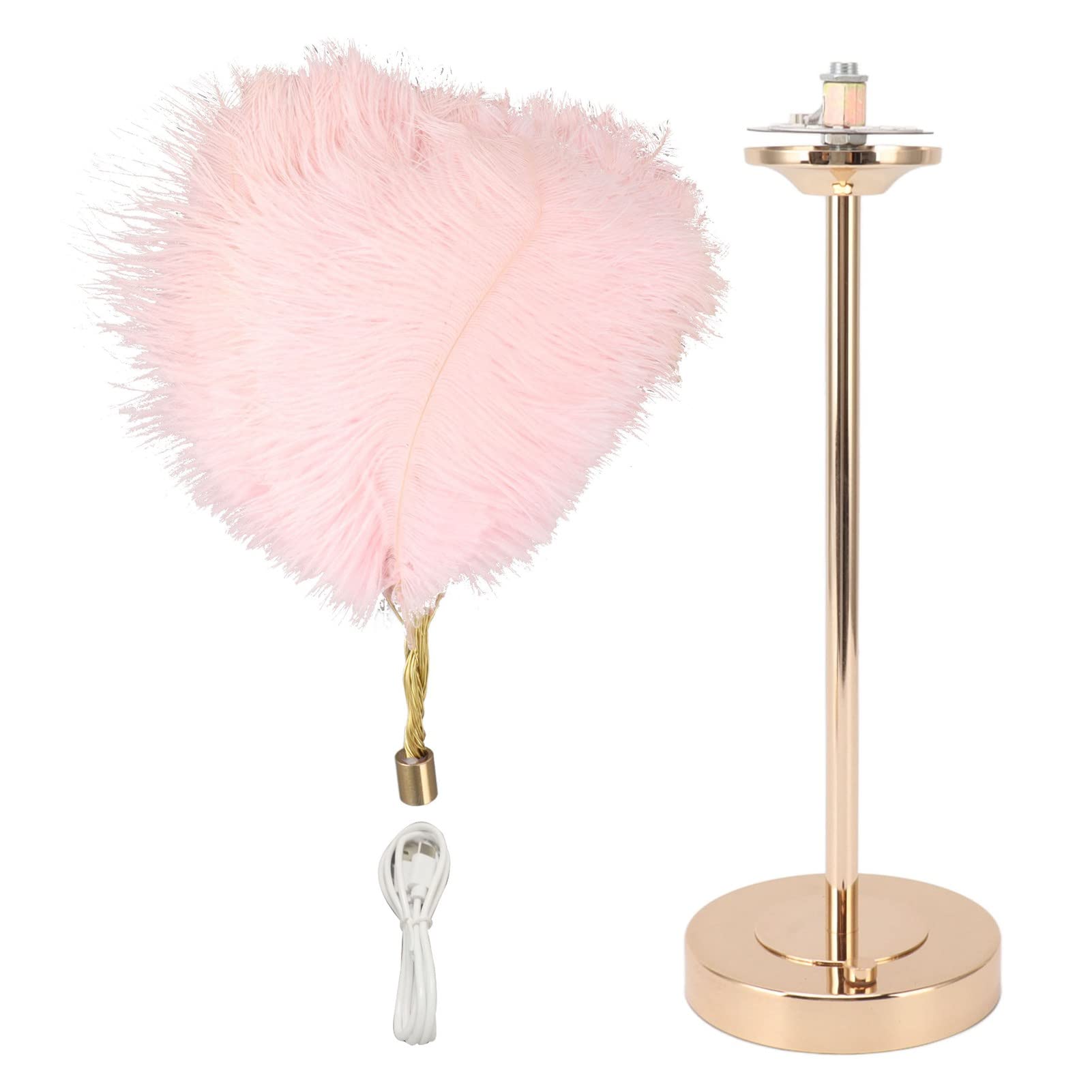 Fdit Feather Table Lamp 3 Color Dimmable Touch Control USB Powered with Faux Feathers and Metal Base for Bedroom Living Room Decor (Pink)