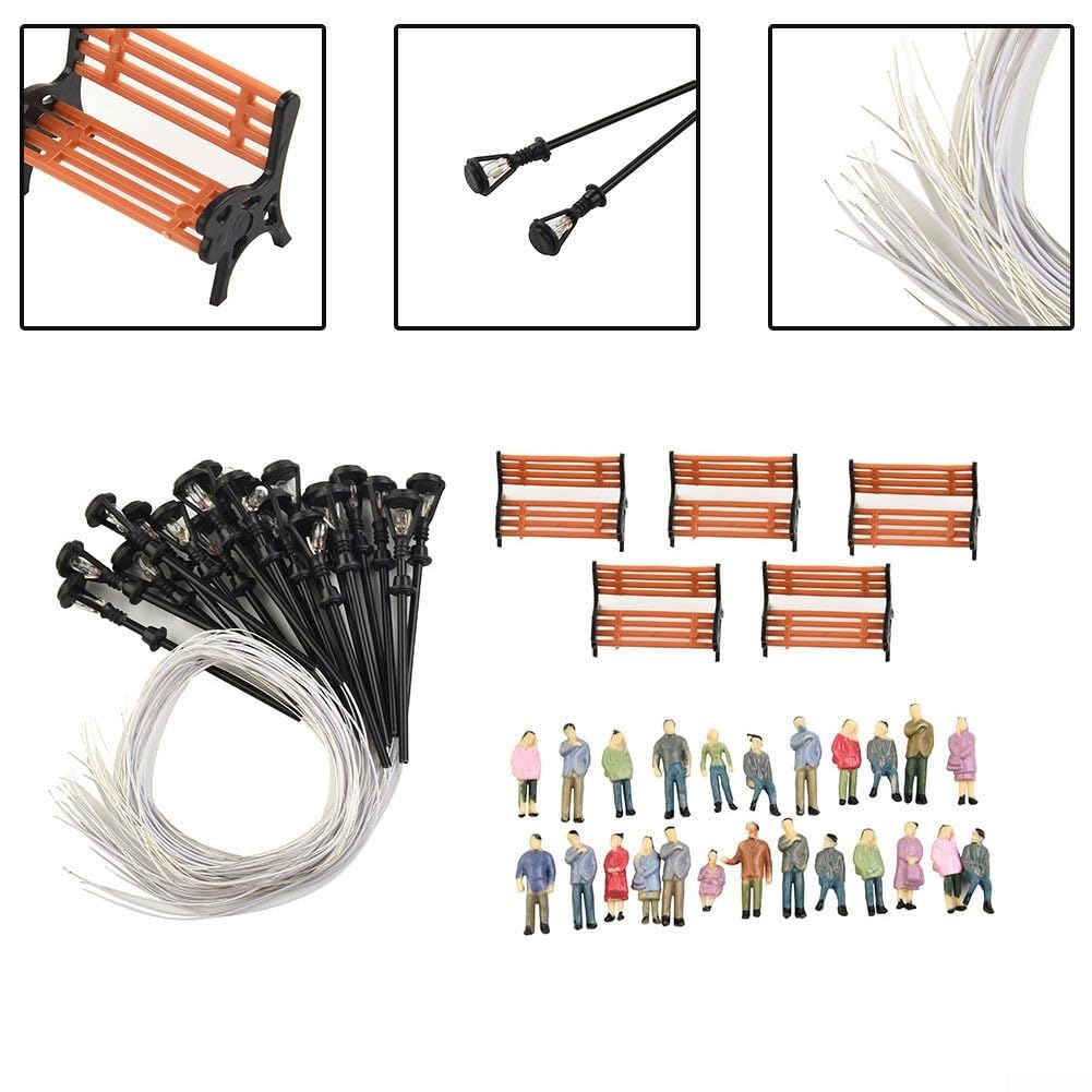 49 Pcs 1:87-1:100 Scale Model Train Scenery Set, Includes 24 People Figures, 5 Benches, And 20 Lampposts, Realistic Details For Station Platforms And Street Scenes,