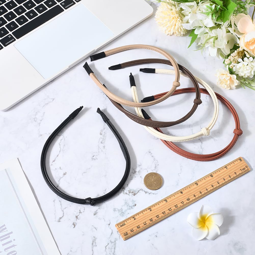 5PCS 5 Colors Skinny PU Leather Headband Thin Cute Knotted HairBands Durable Simple Non-Slip Solid Elastic Headbands Hair Loop Clasp Hairbands for Women All Hair Types Daily Wear - Image 3