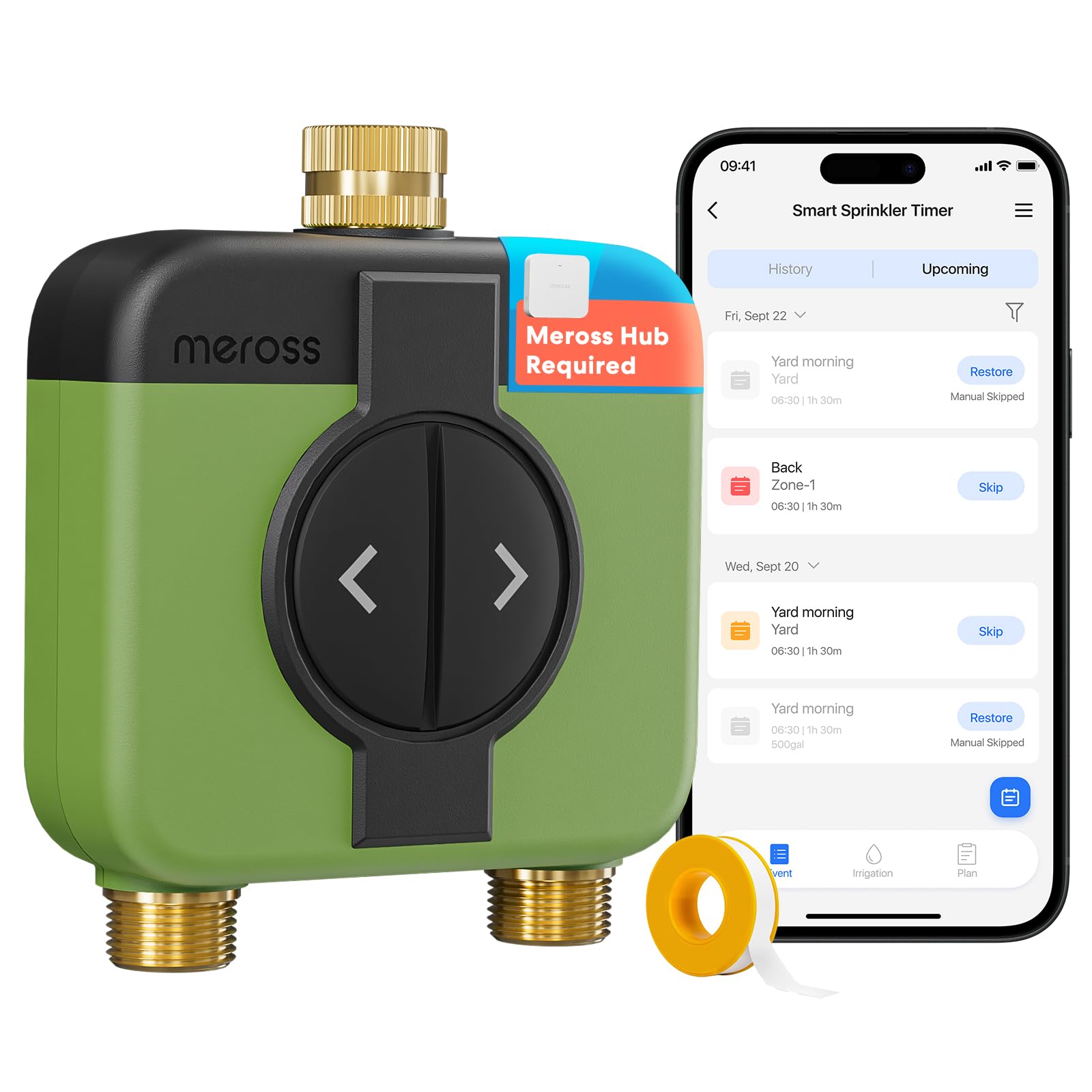 Meross Programador Riego WiFi 2 Salidas MST200 | Hub MSH450/MSH400 Requerido | Riego Automatico & Retraso Lluvia | Contador Agua y Control Remoto Exterior | Compatible con HomeKit, Alexa y Google Home